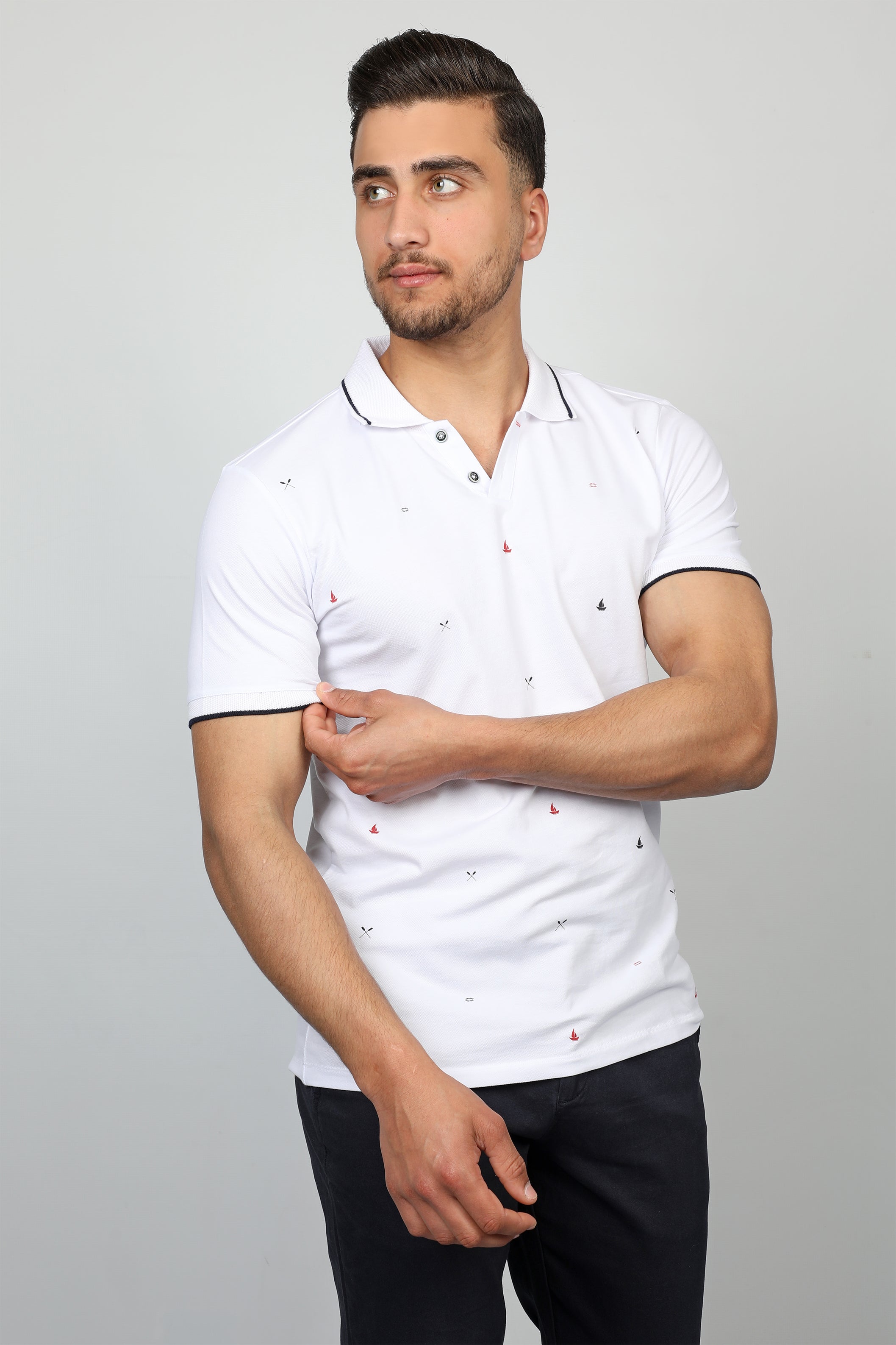 Men White Polo With Boat Simple Design