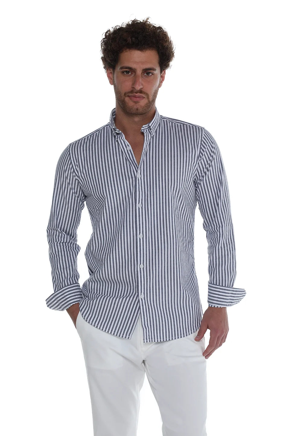 Navy Oxford Shirt With thin Stripe Design