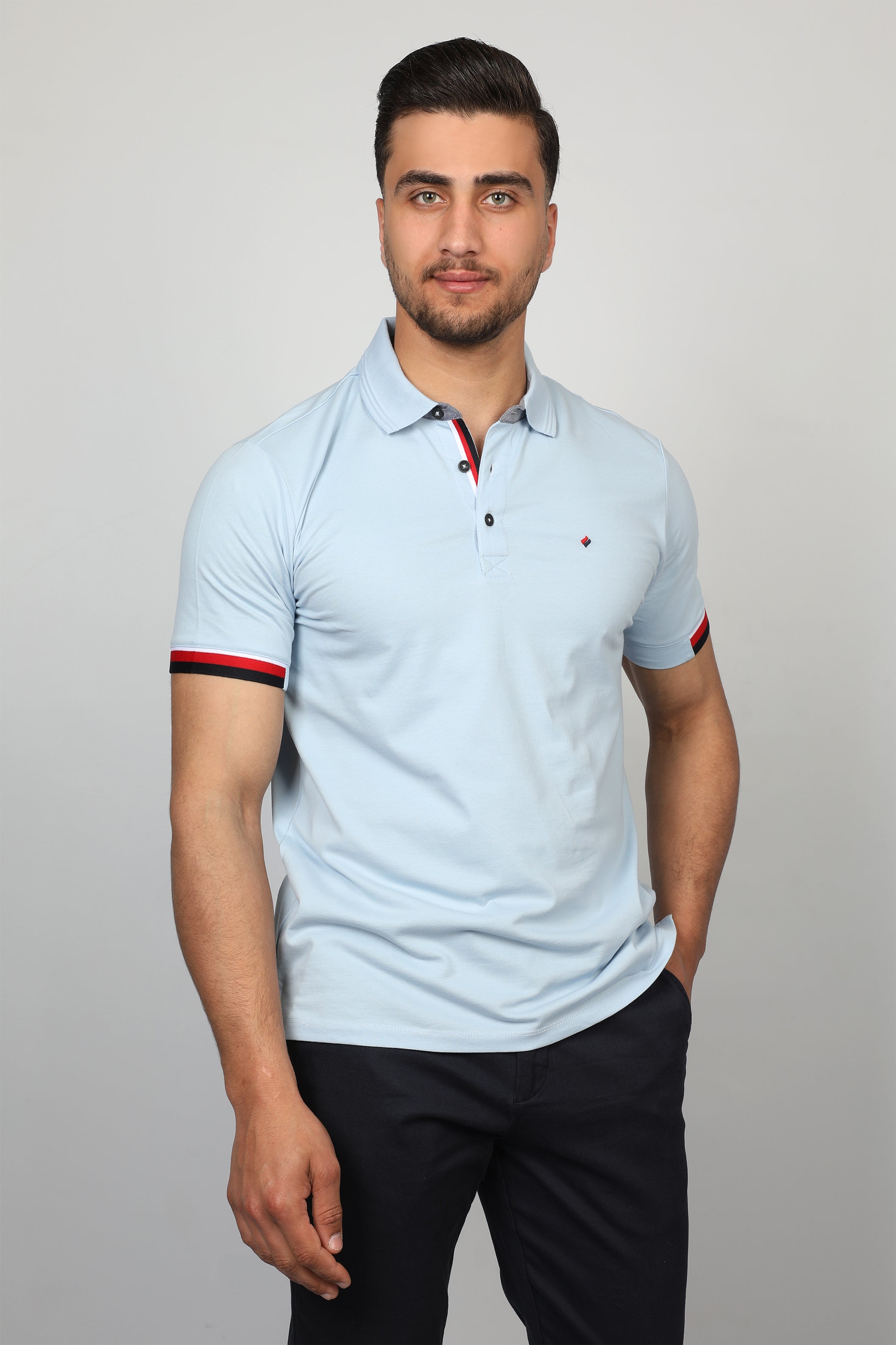 Men Light Blue Polo With Three Button To Close