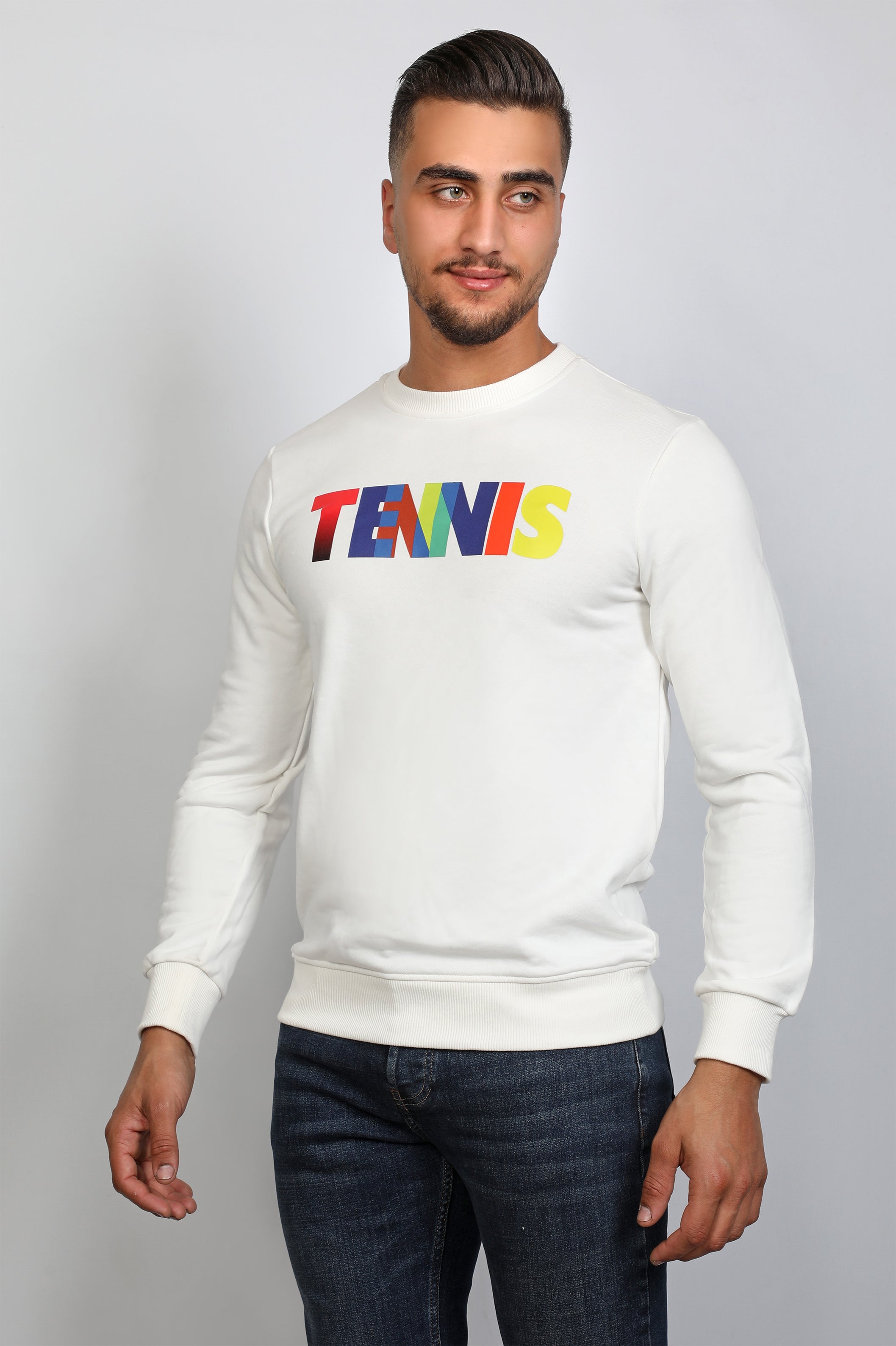 Men White 'Tennis' Printed Pullover