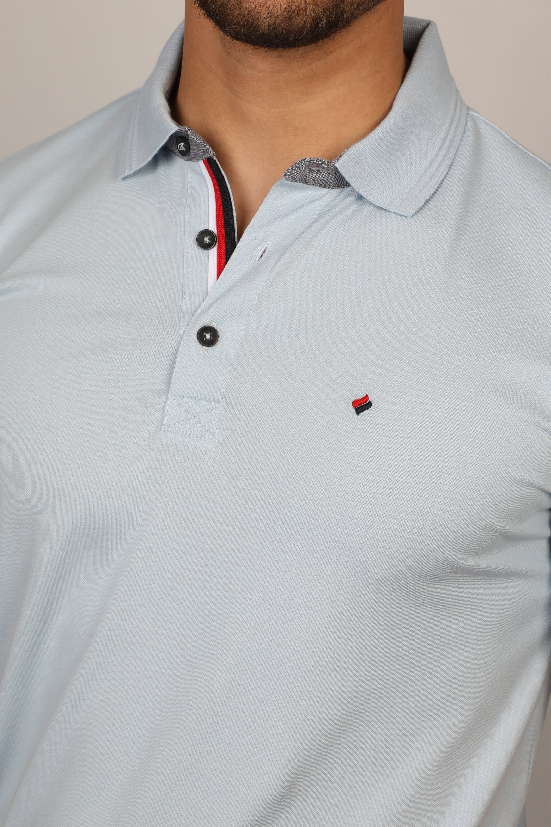 Men Light Blue Polo With Three Button To Close