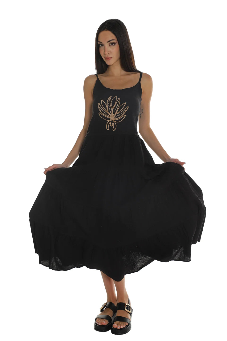 Sleeveless Black Dress With Printed Design