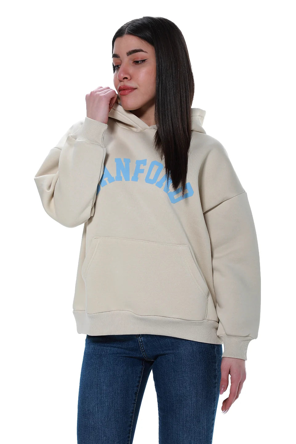 Beige Fleeced Hoodie With Front Printed Design