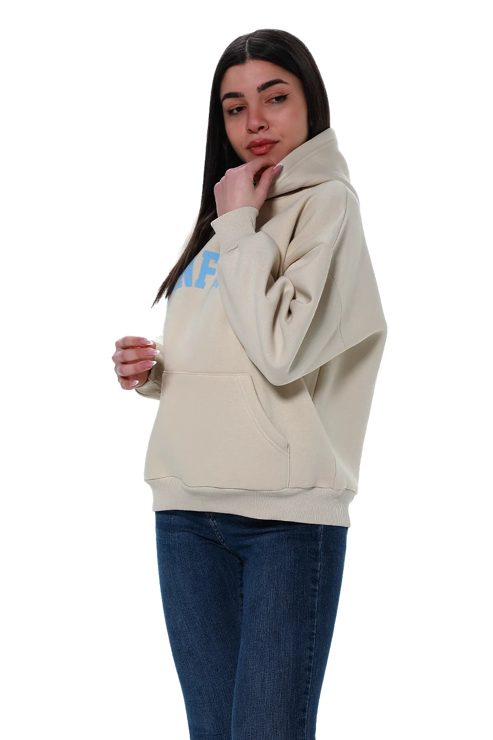 Beige Fleeced Hoodie With Front Printed Design