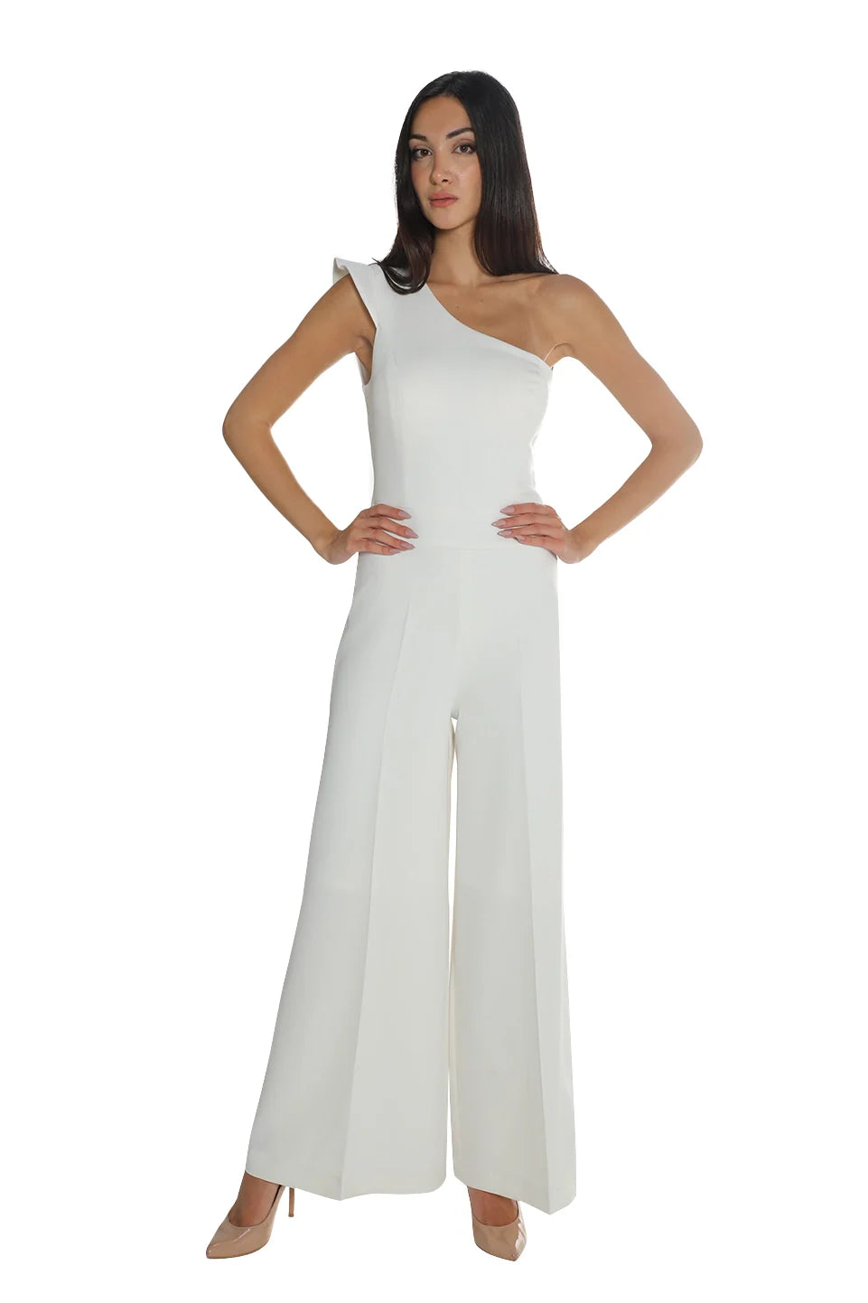 Off White Jumpsuit With Asymmetrical Neckline