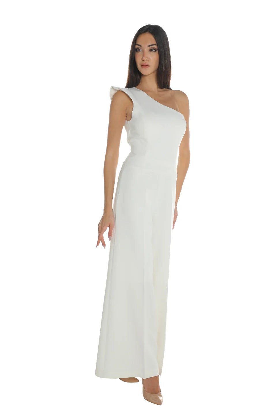 Off White Jumpsuit With Asymmetrical Neckline