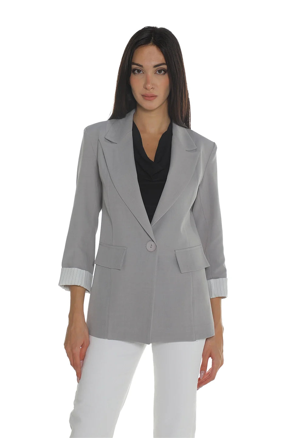 Grey Classic Blazer With Flap Pockets