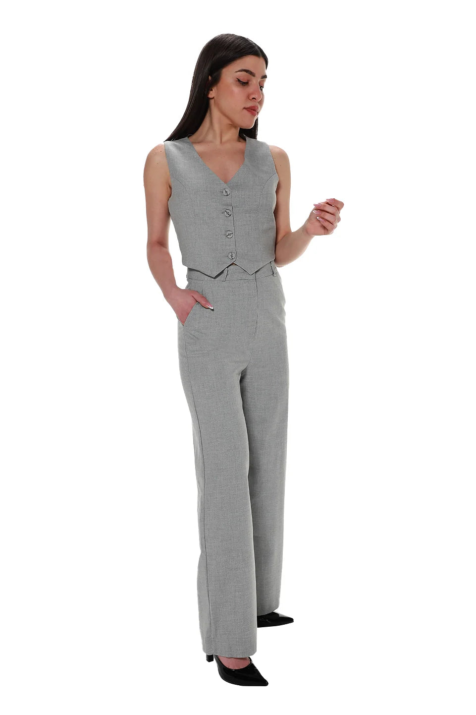 Grey Pant & Vest Set With Button To Close