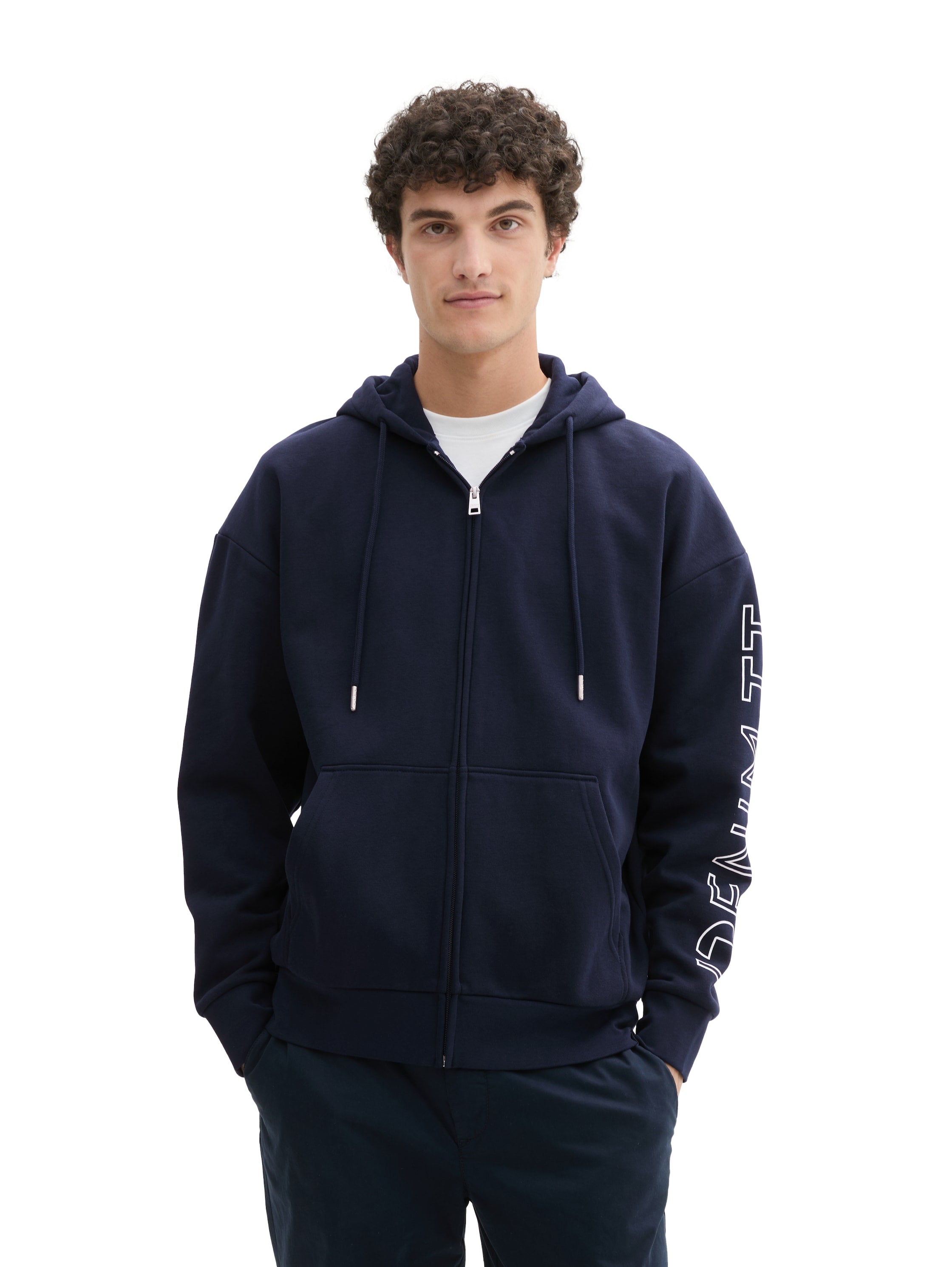 Tom Tailor Relaxed Navy Hooded Jacket With Logo Print