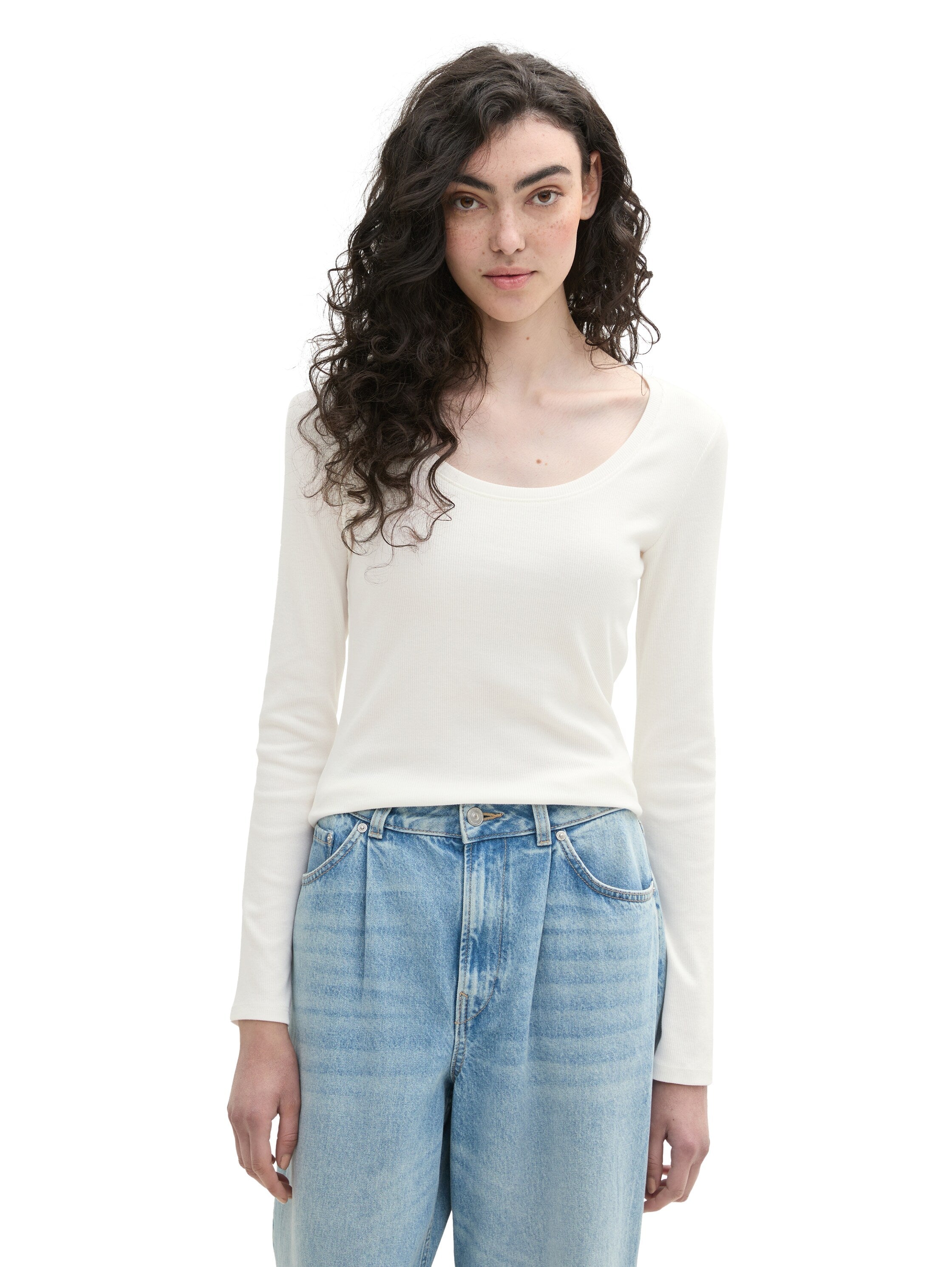 Tom Tailor Ribbed Long Sleeved Off White Cotton Top