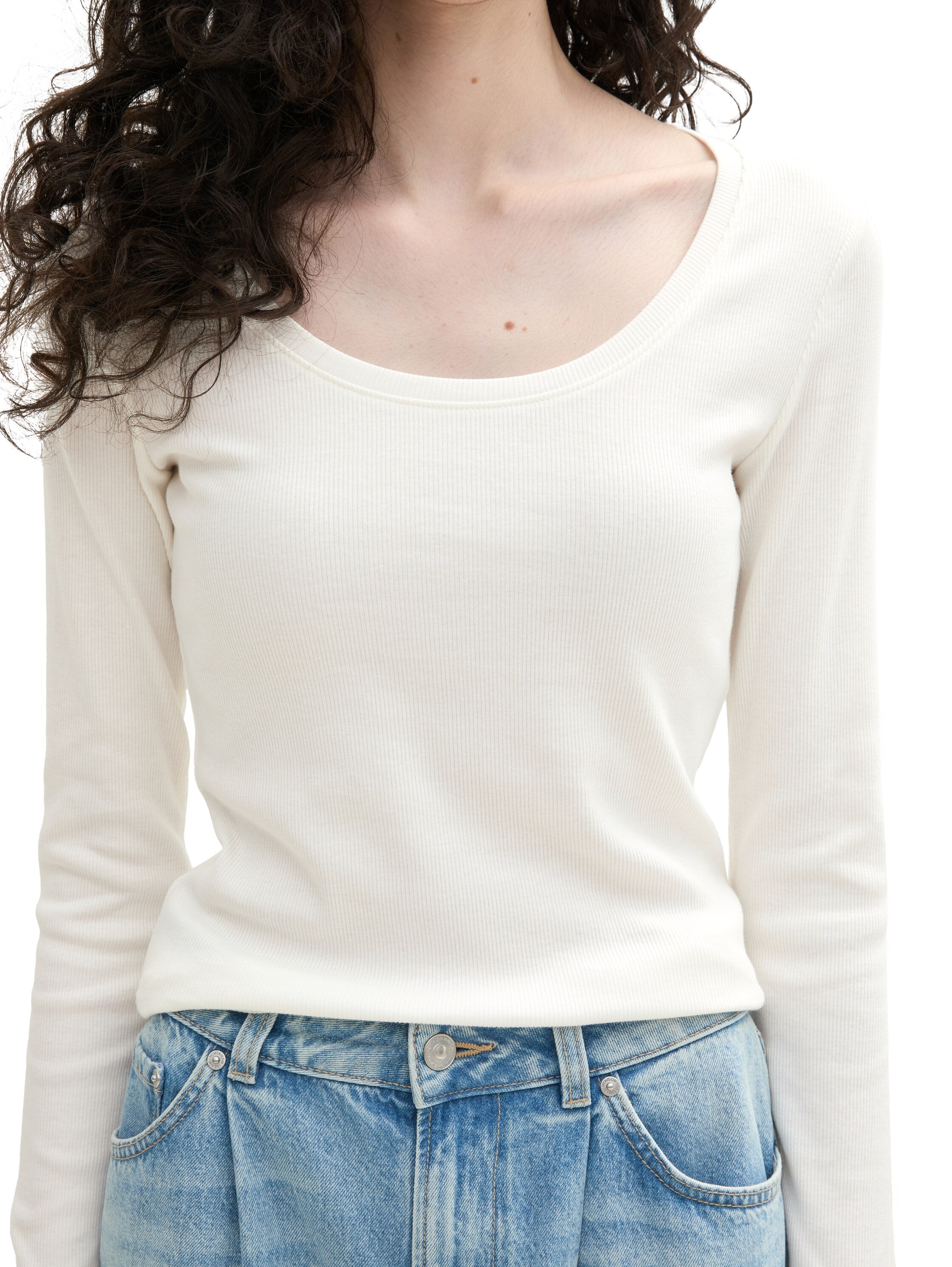 Tom Tailor Ribbed Long Sleeved Off White Cotton Top