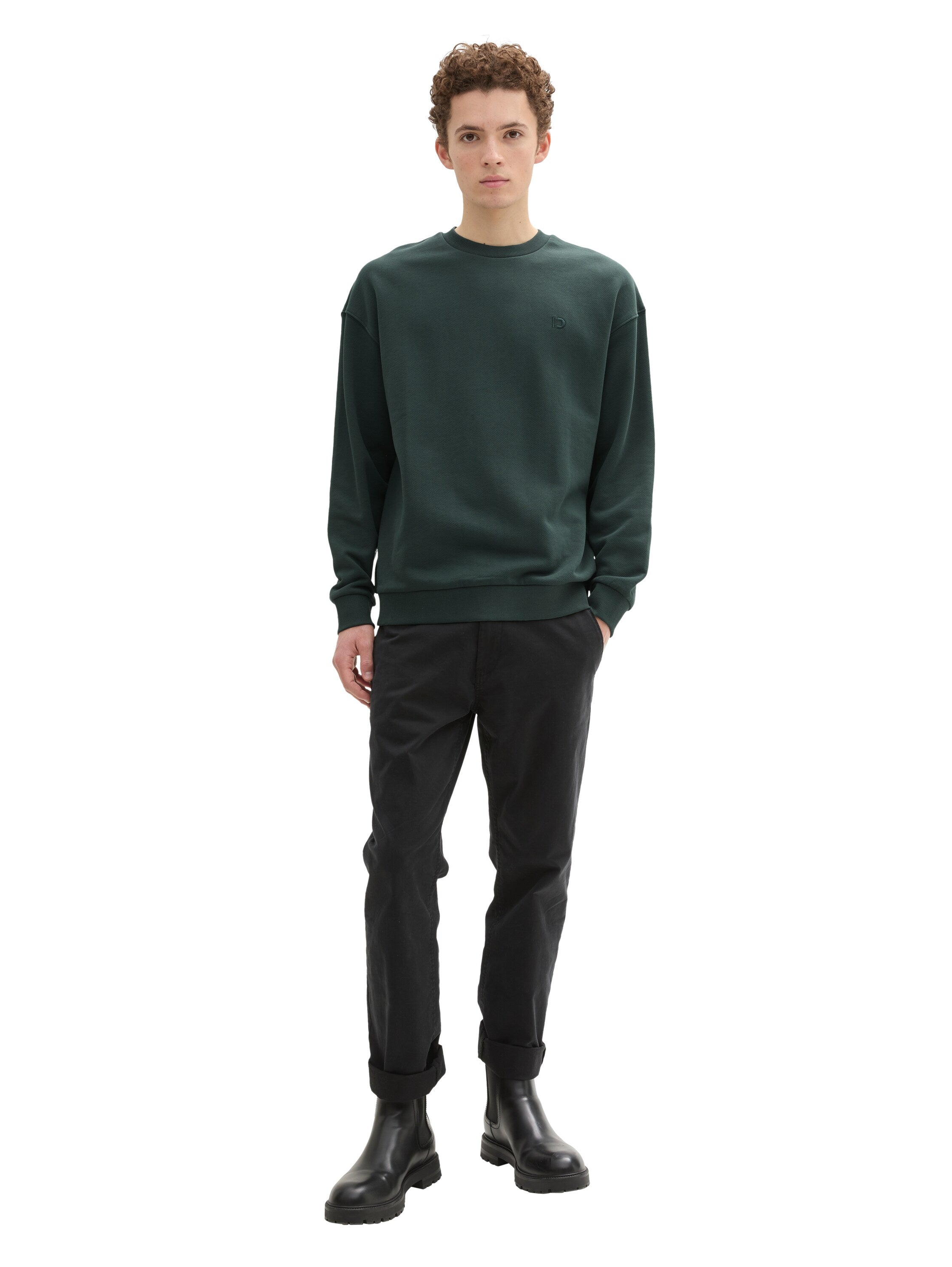 Tom Tailor Round Neck Dark Green Sweater With Logo Embroidery