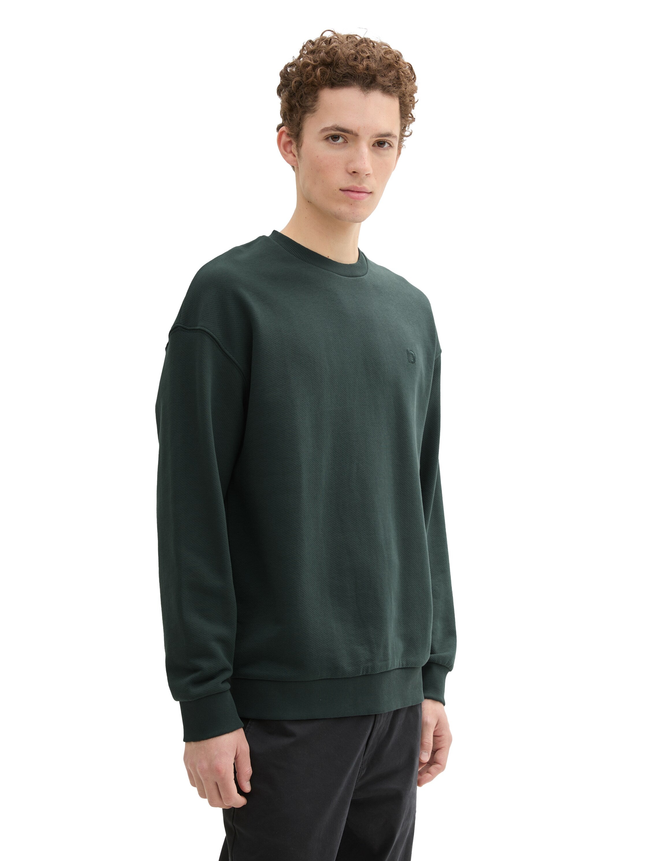 Tom Tailor Round Neck Dark Green Sweater With Logo Embroidery