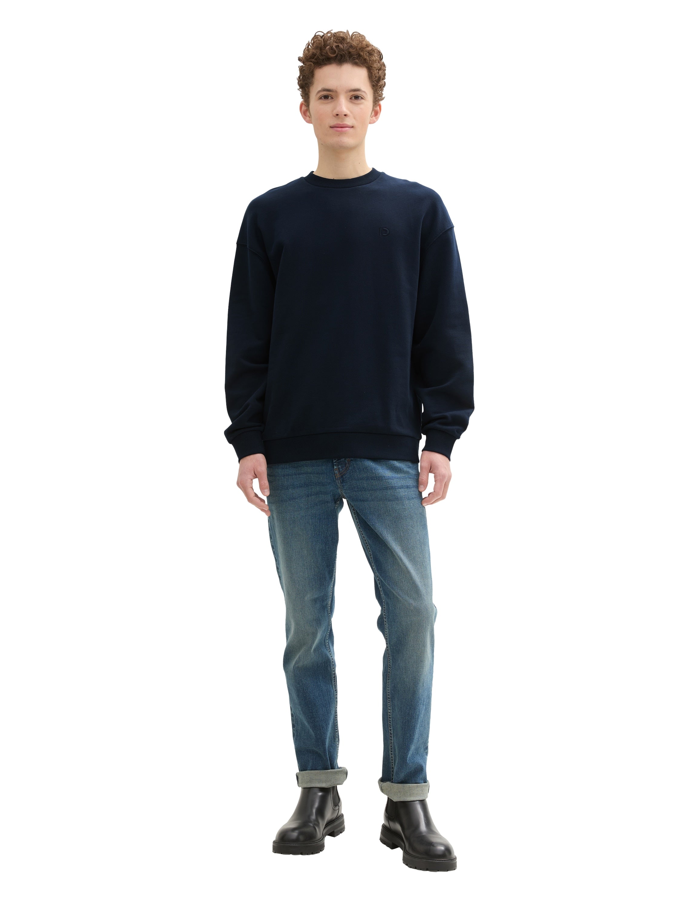 Tom Tailor Round Neck Navy Sweater With Logo Embroidery