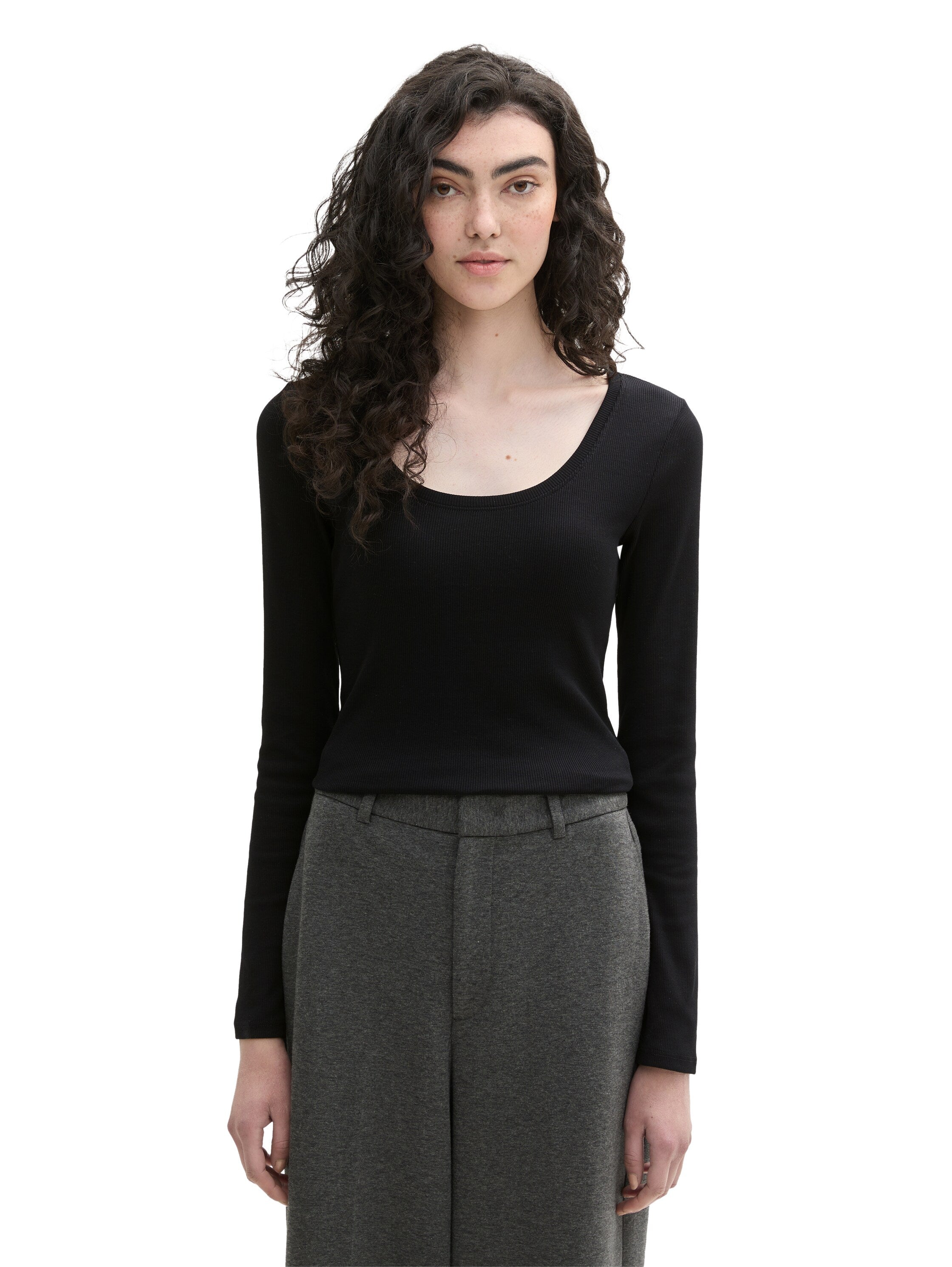 Tom Tailor Ribbed Long Sleeved Black Cotton Top