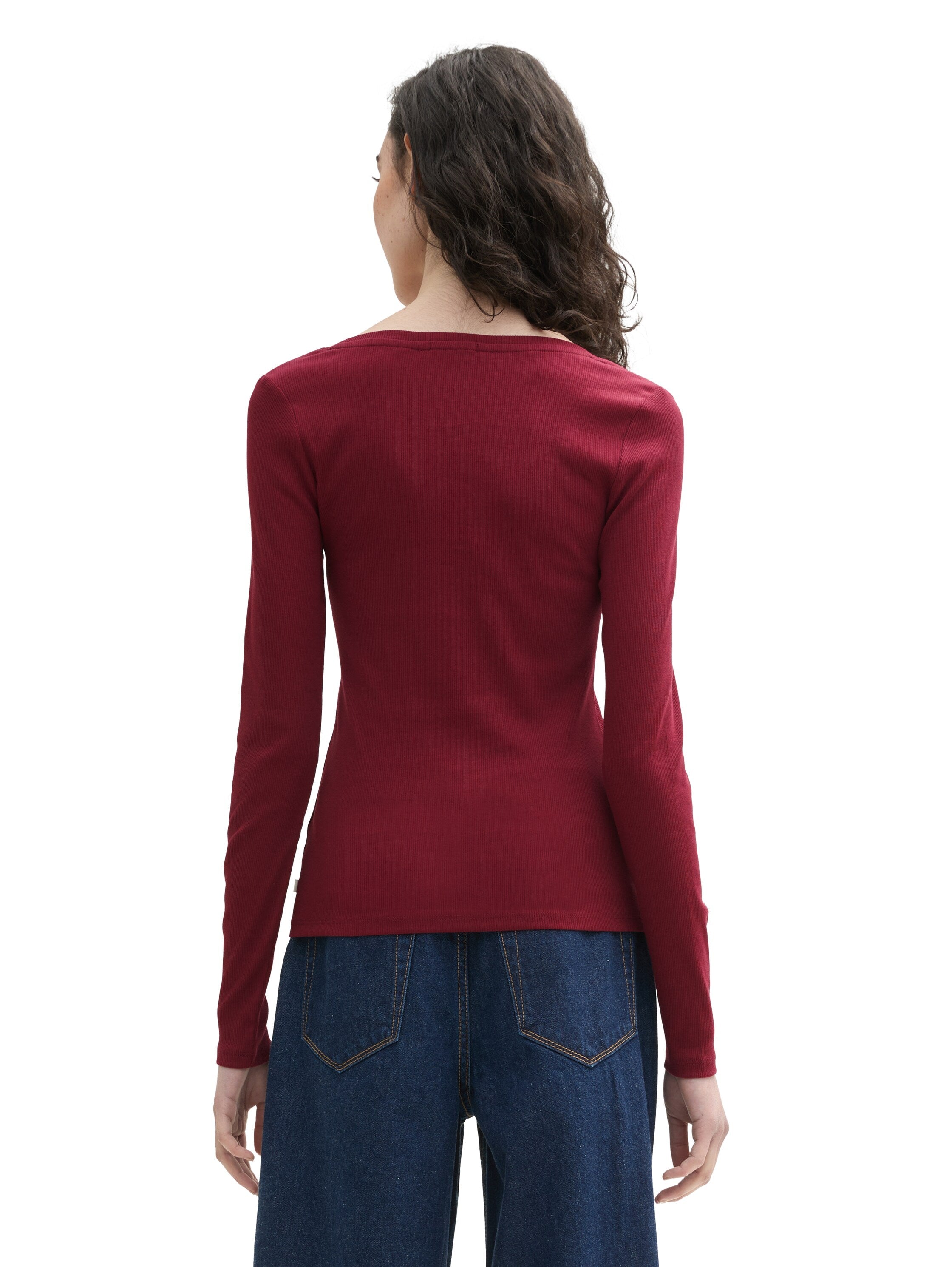 Tom Tailor Ribbed Long Sleeved Wine Cotton Top