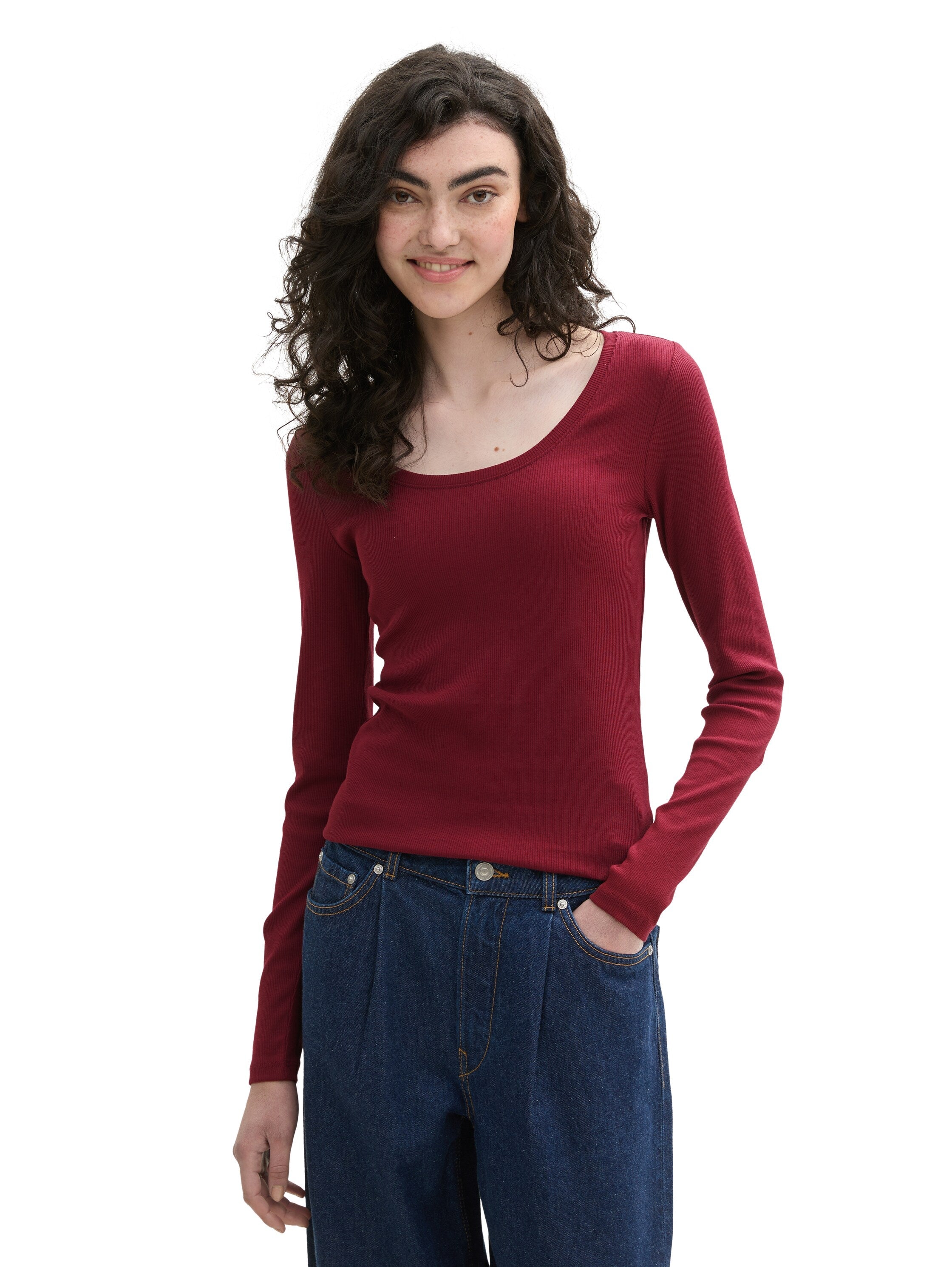 Tom Tailor Ribbed Long Sleeved Wine Cotton Top