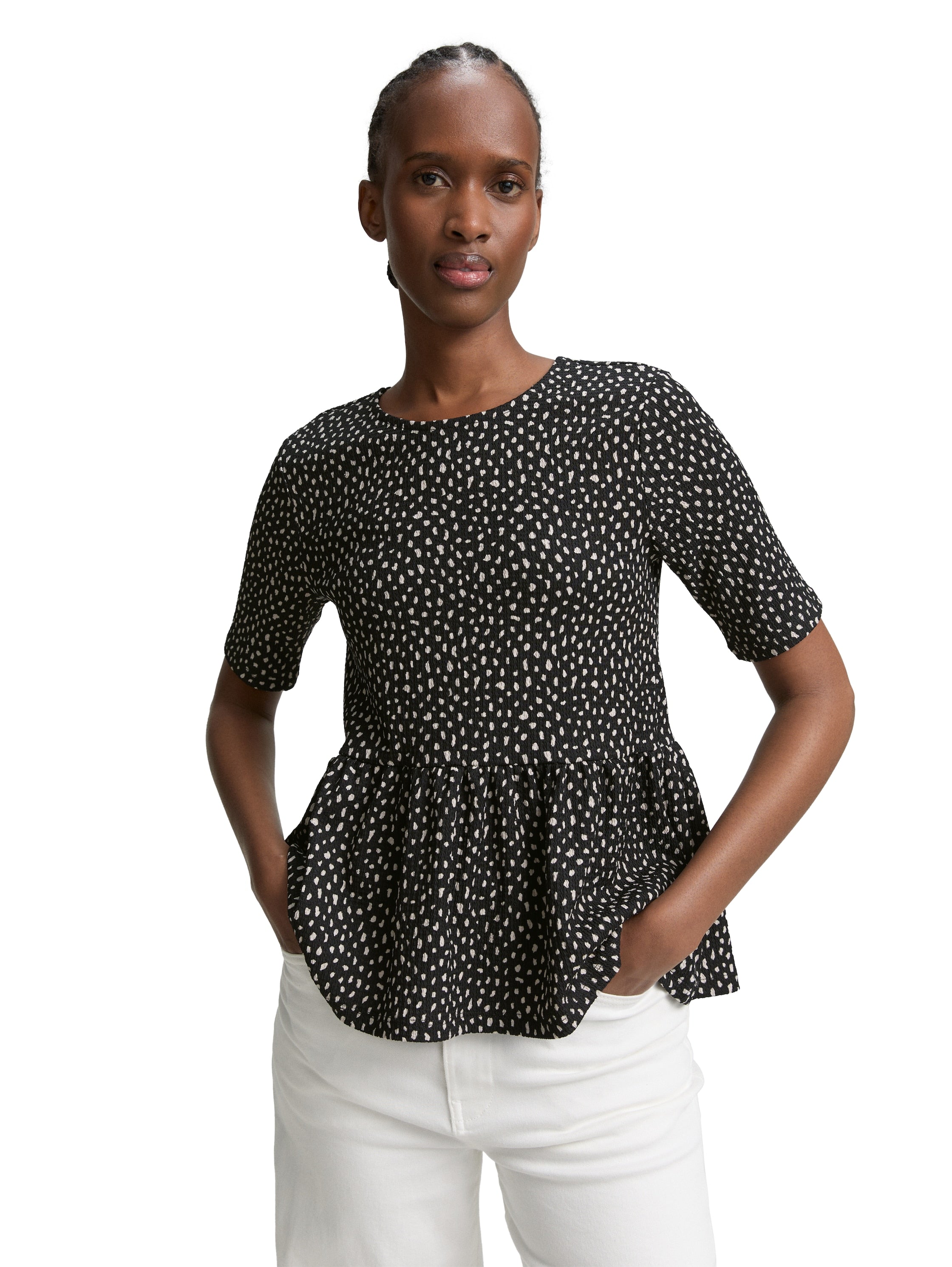 Tom Tailor Black White Dotted Printed Short Sleeve T-shirt