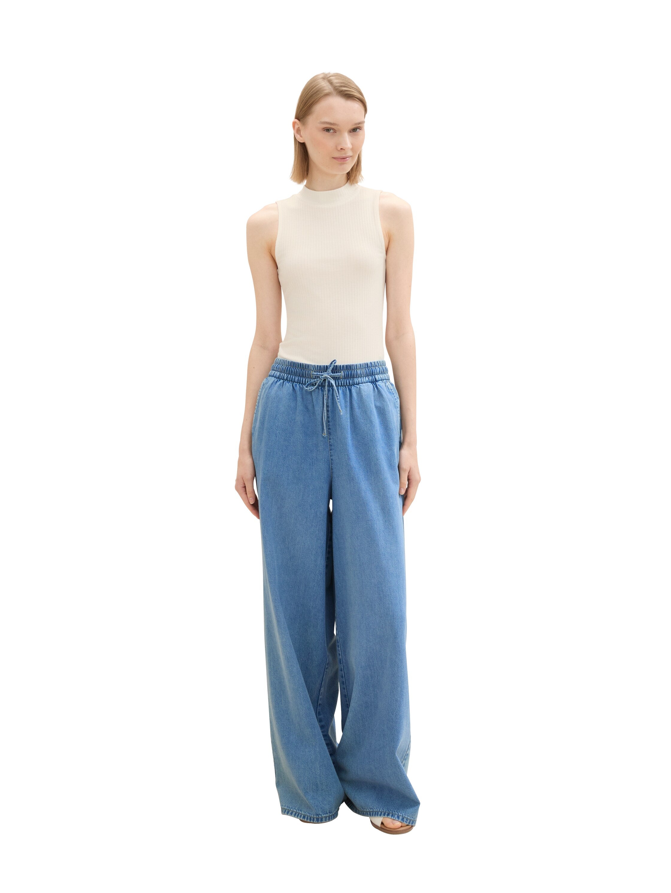 Tom Tailor Ribbed Off White Top With Stand Up Collar