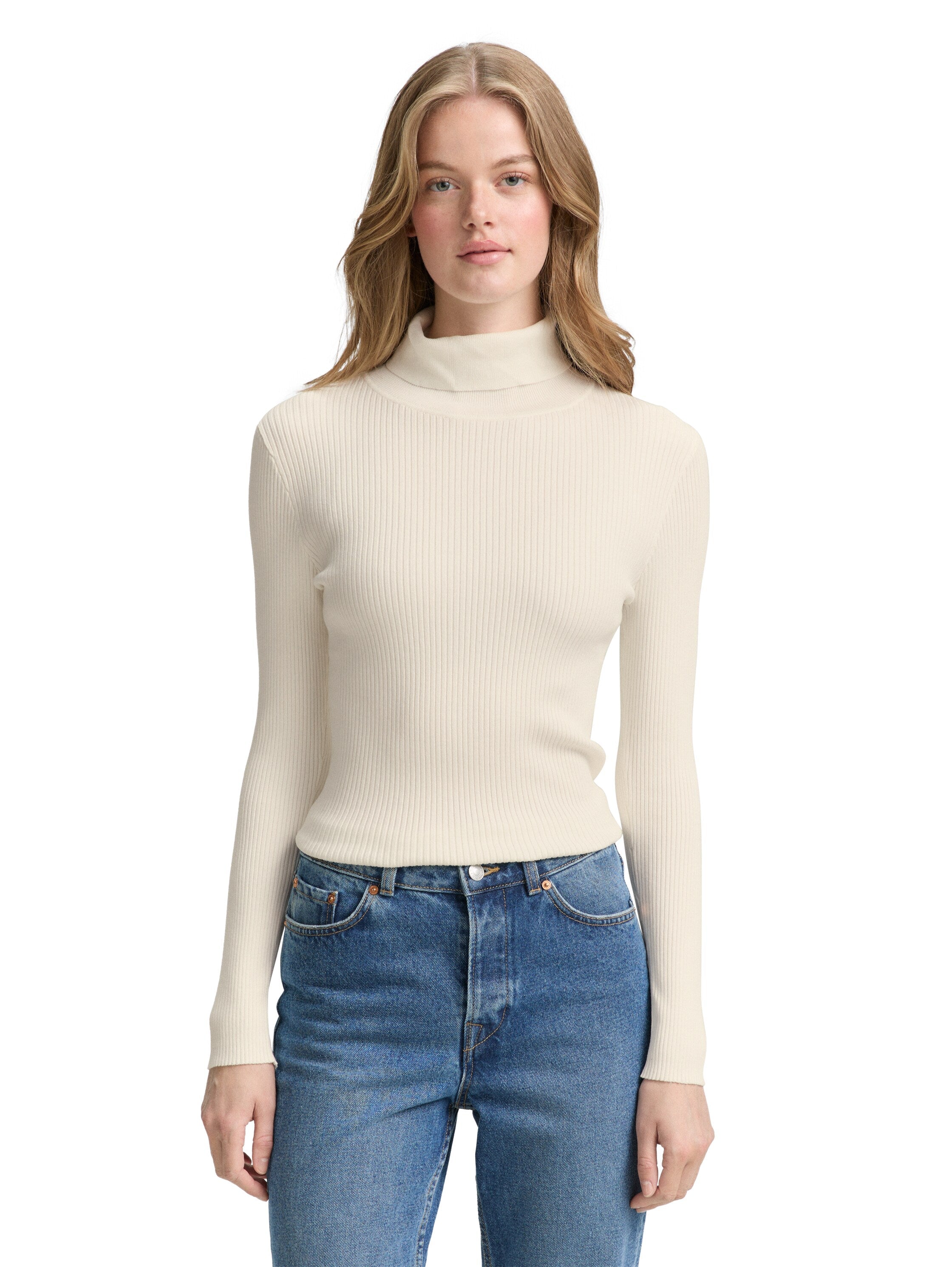 Tom Tailor Ribbed Turtleneck Offwhite Pullover