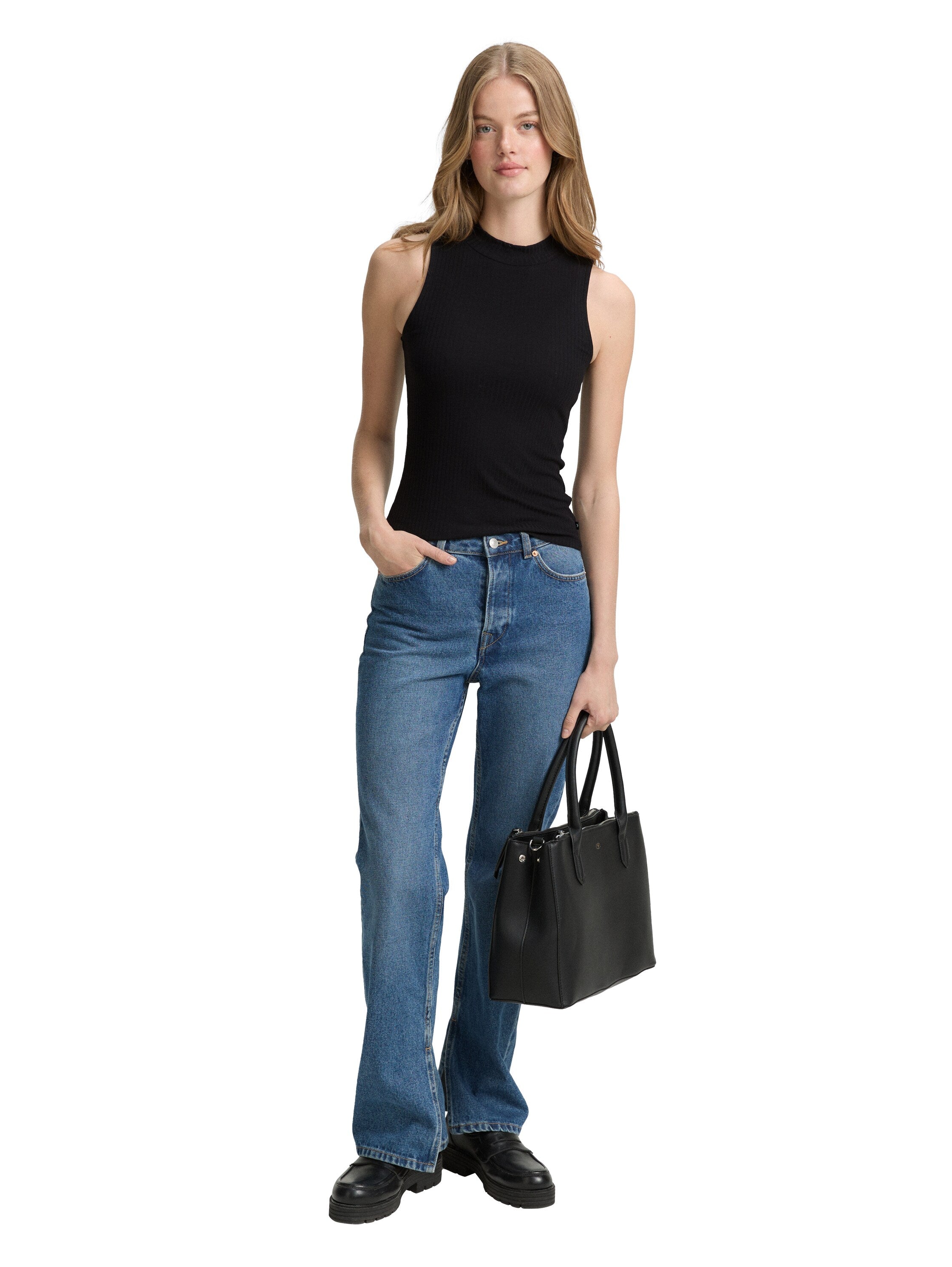 Tom Tailor Ribbed Black Top With Stand Up Collar