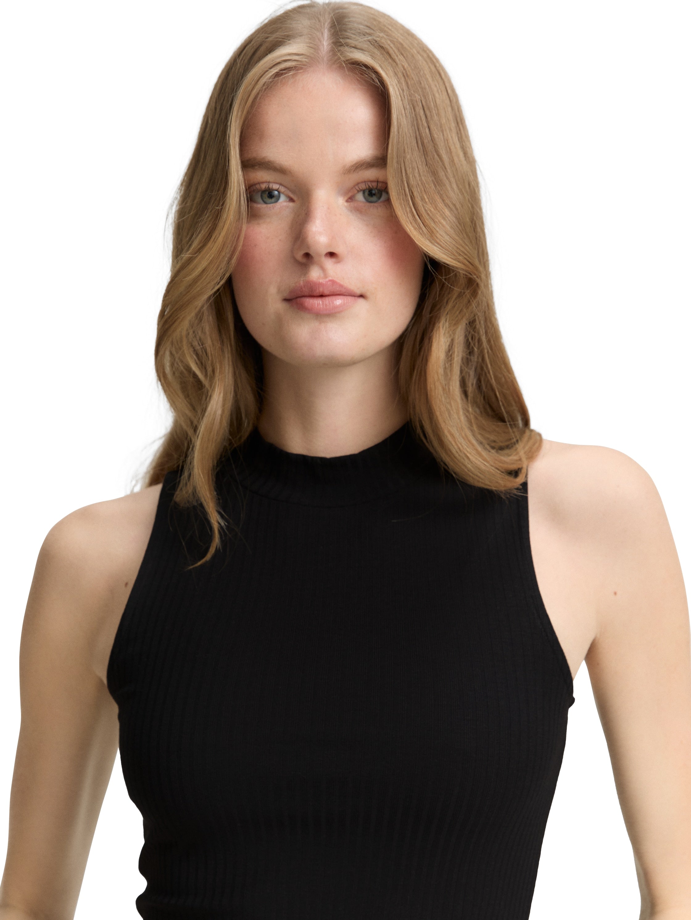 Tom Tailor Ribbed Black Top With Stand Up Collar