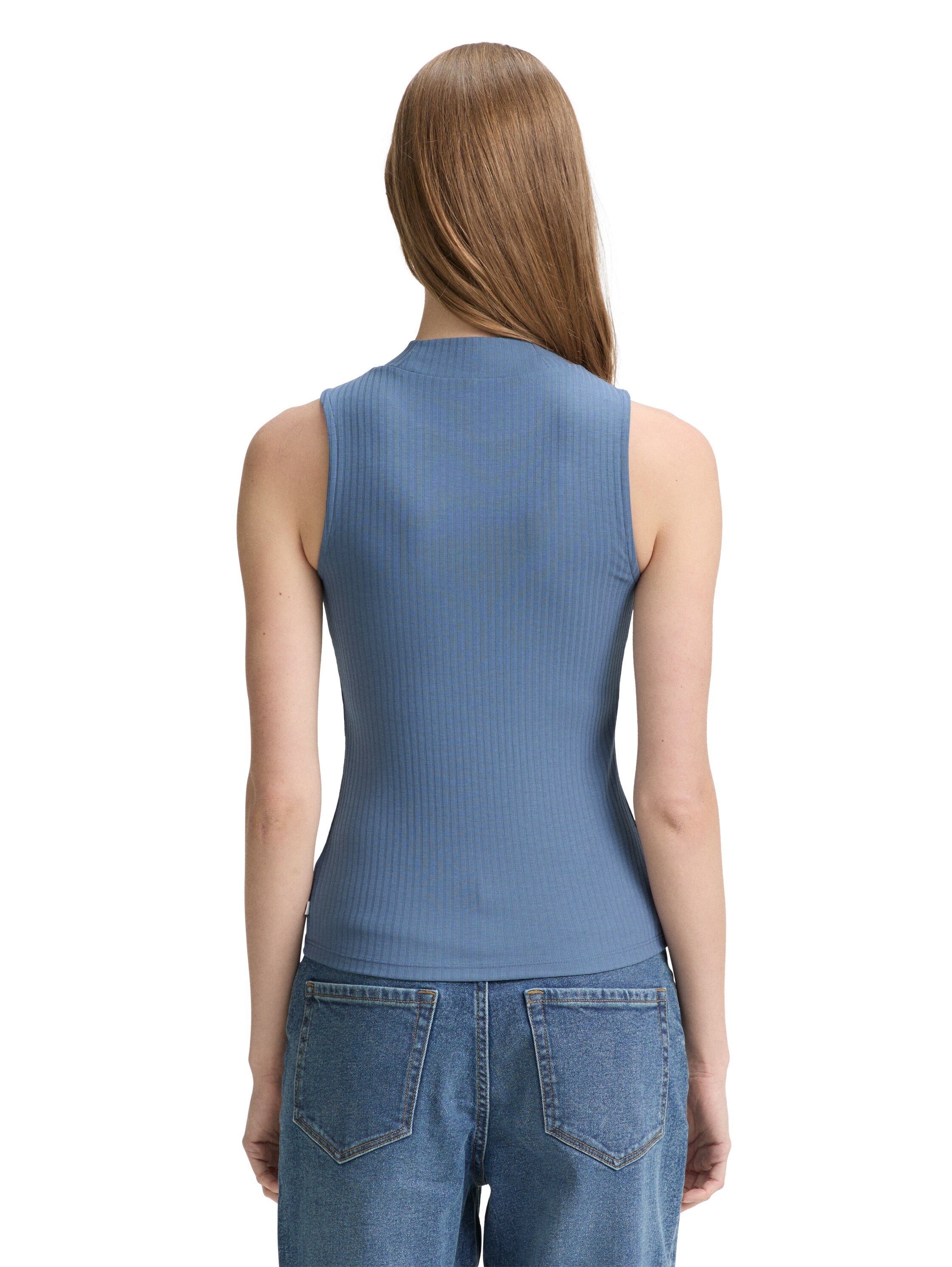 Tom Tailor Ribbed Blue Top With Stand Up Collar