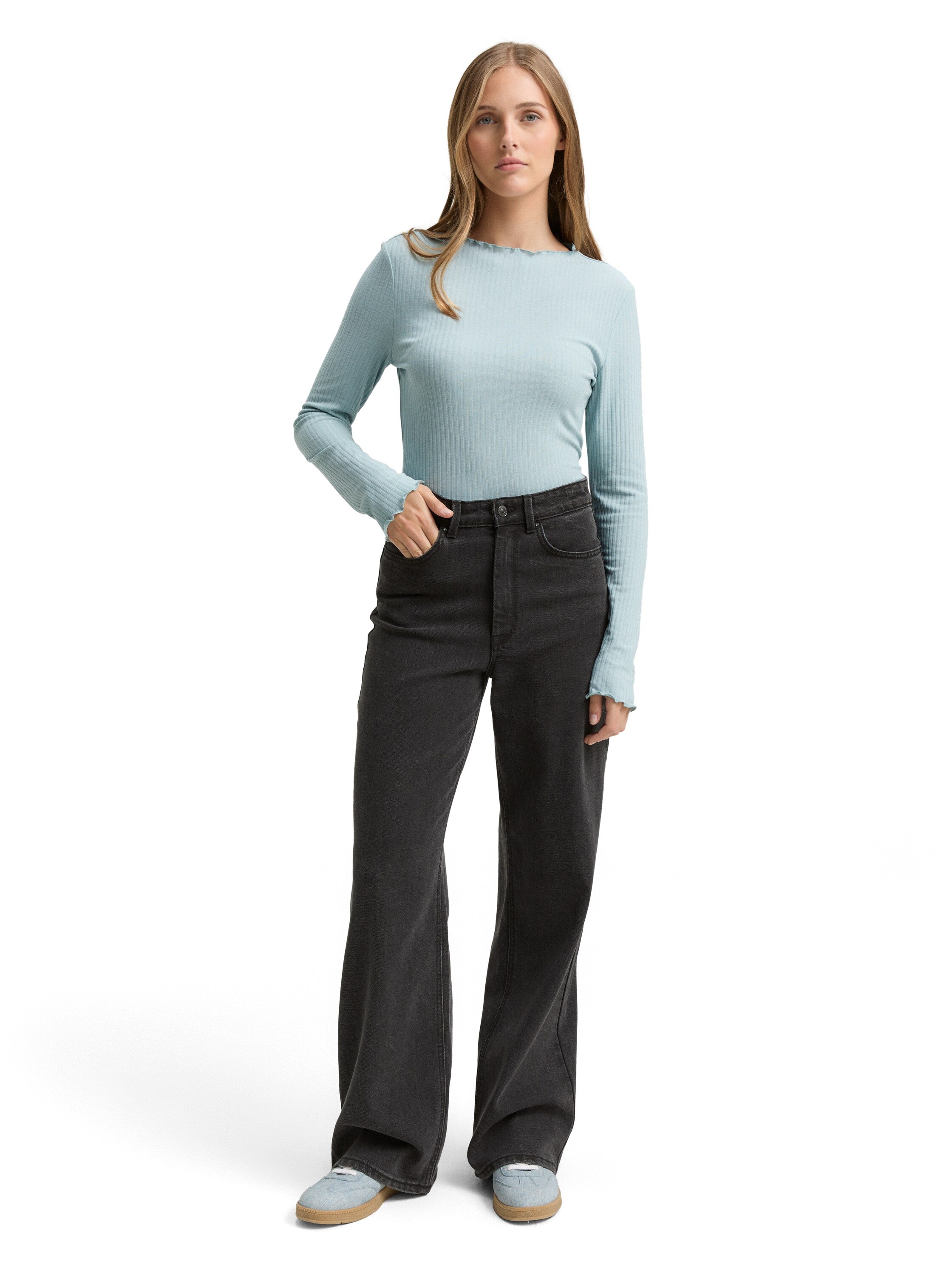 Tom Tailor Cold Blue Ribbed Long Sleeved T-shirt With Stand up Collar