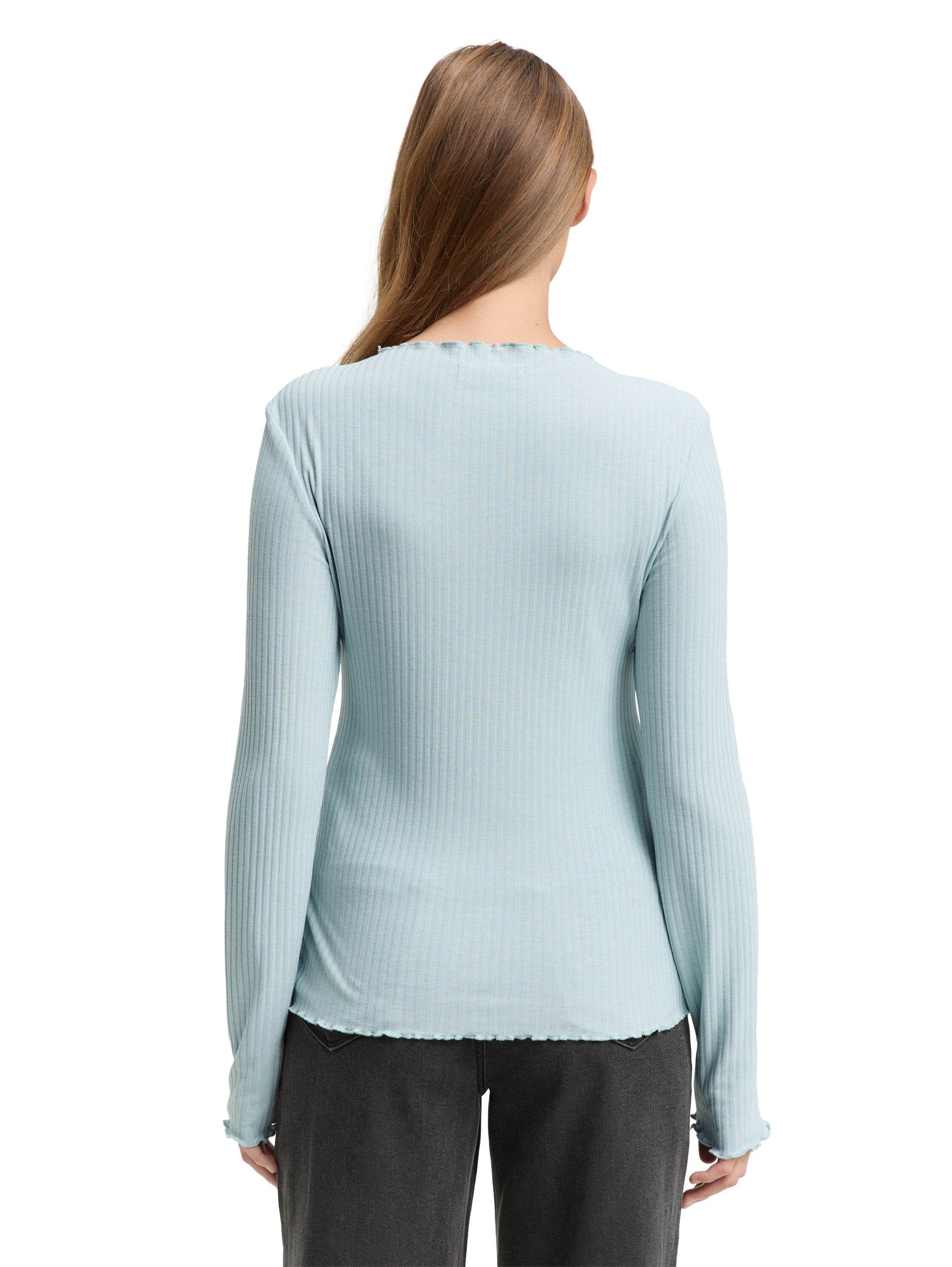 Tom Tailor Cold Blue Ribbed Long Sleeved T-shirt With Stand up Collar