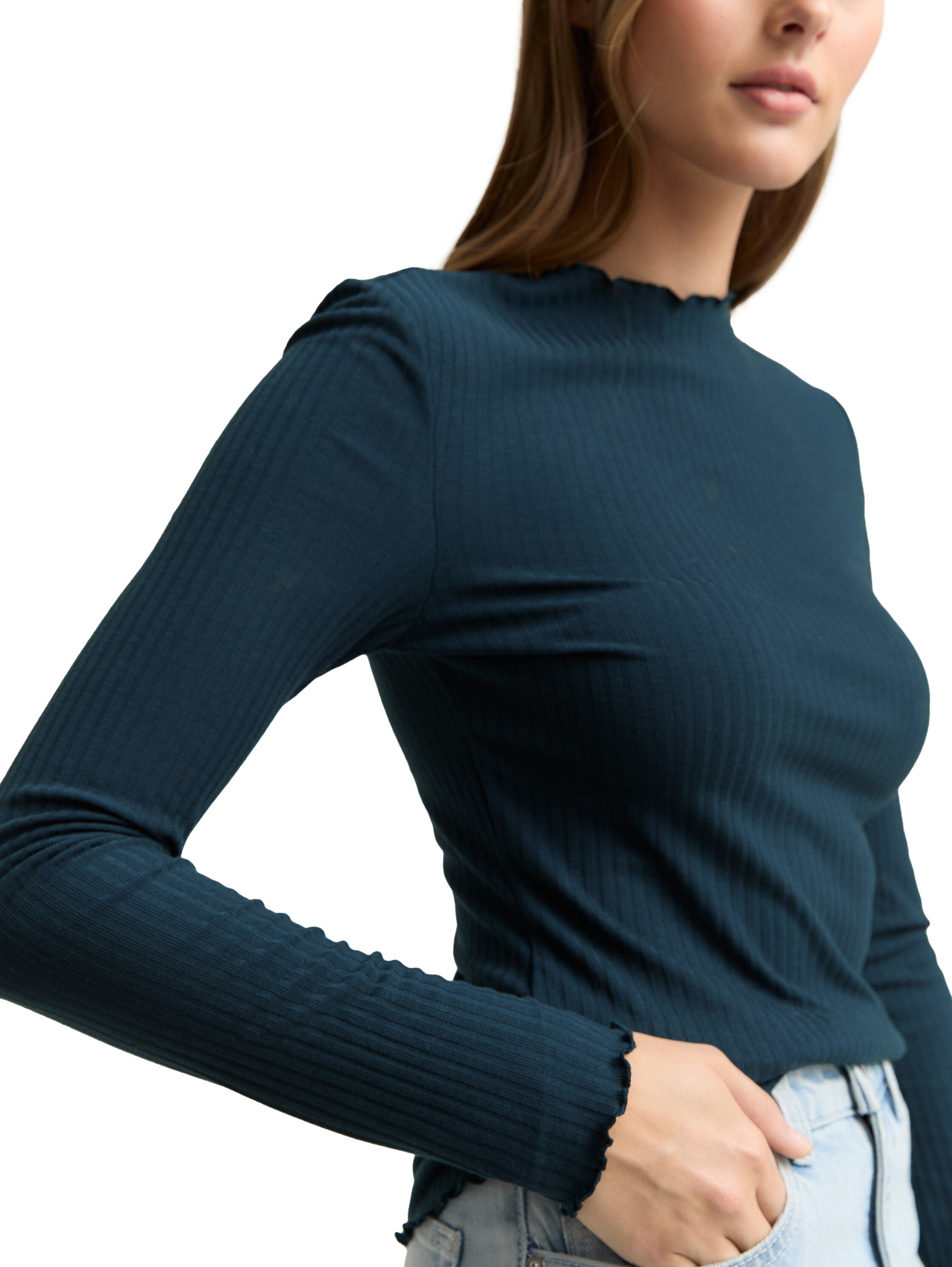 Tom Tailor Blue Petrol Ribbed Long Sleeved T-shirt With Stand up Collar