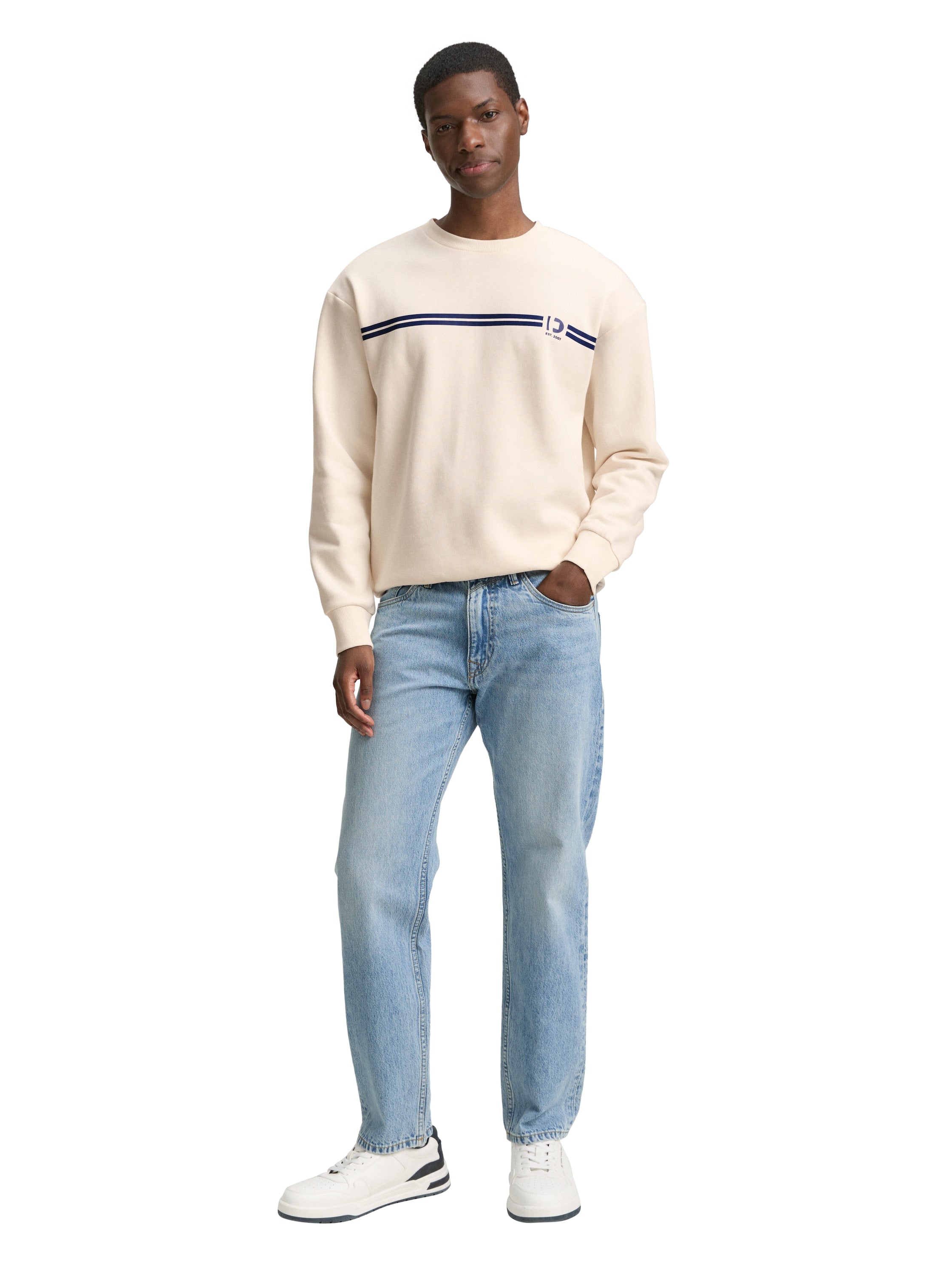 Tom Tailor Crew Neck Gardenia White Sweater With Print