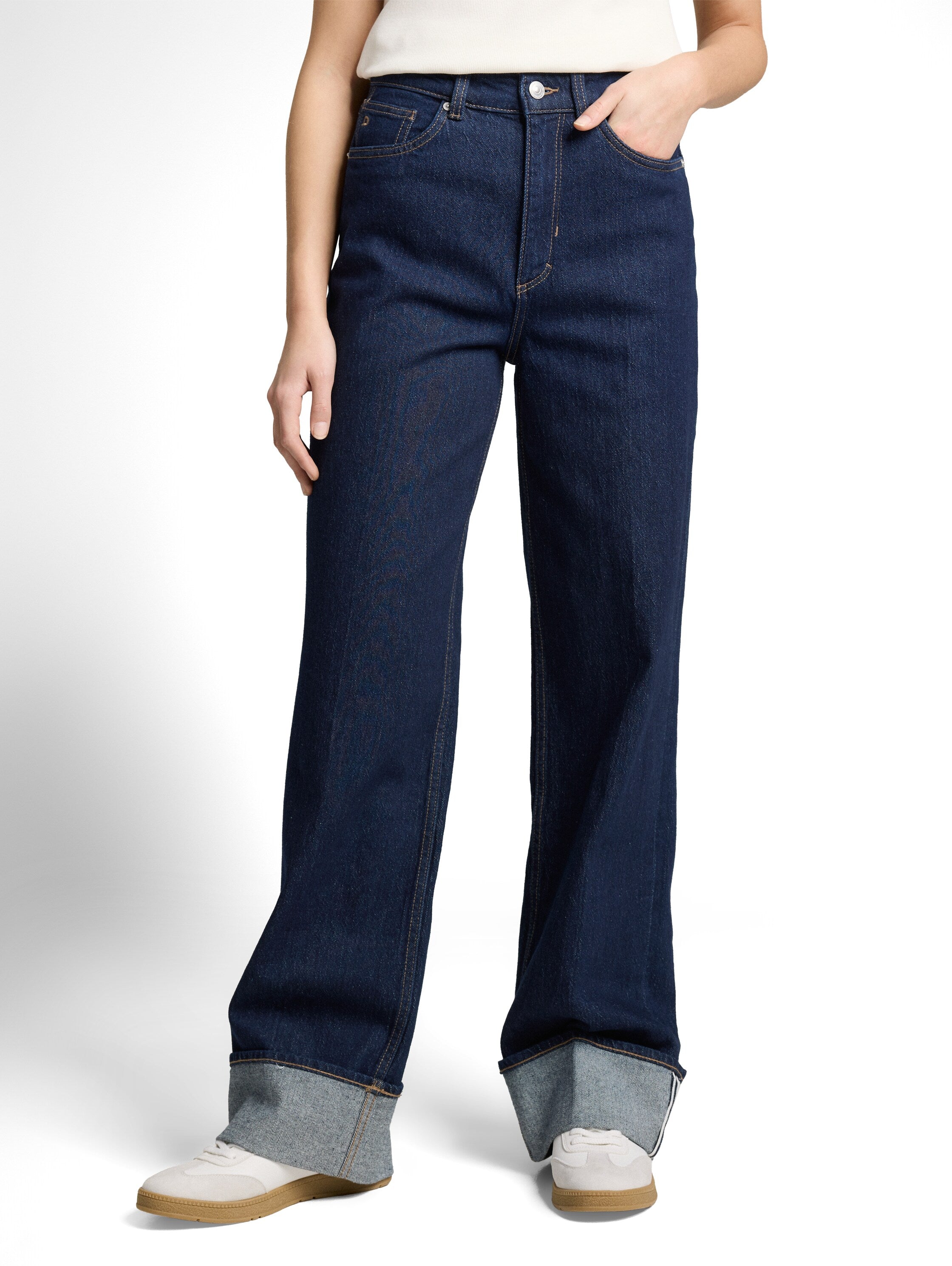 Tom Tailor Dark Blue Wide High Waisted Jeans With Turn Ups