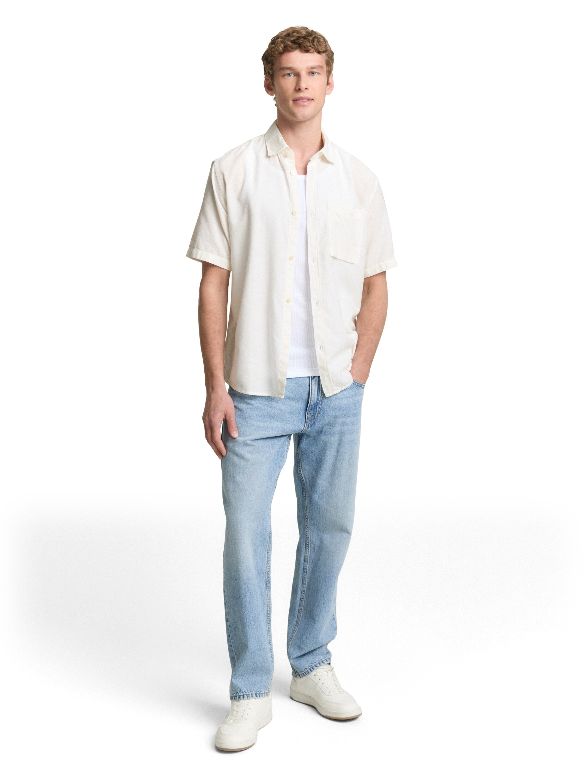 Tom Tailor White Relaxed Fit Short Sleeve Shirt With Breast Pocket