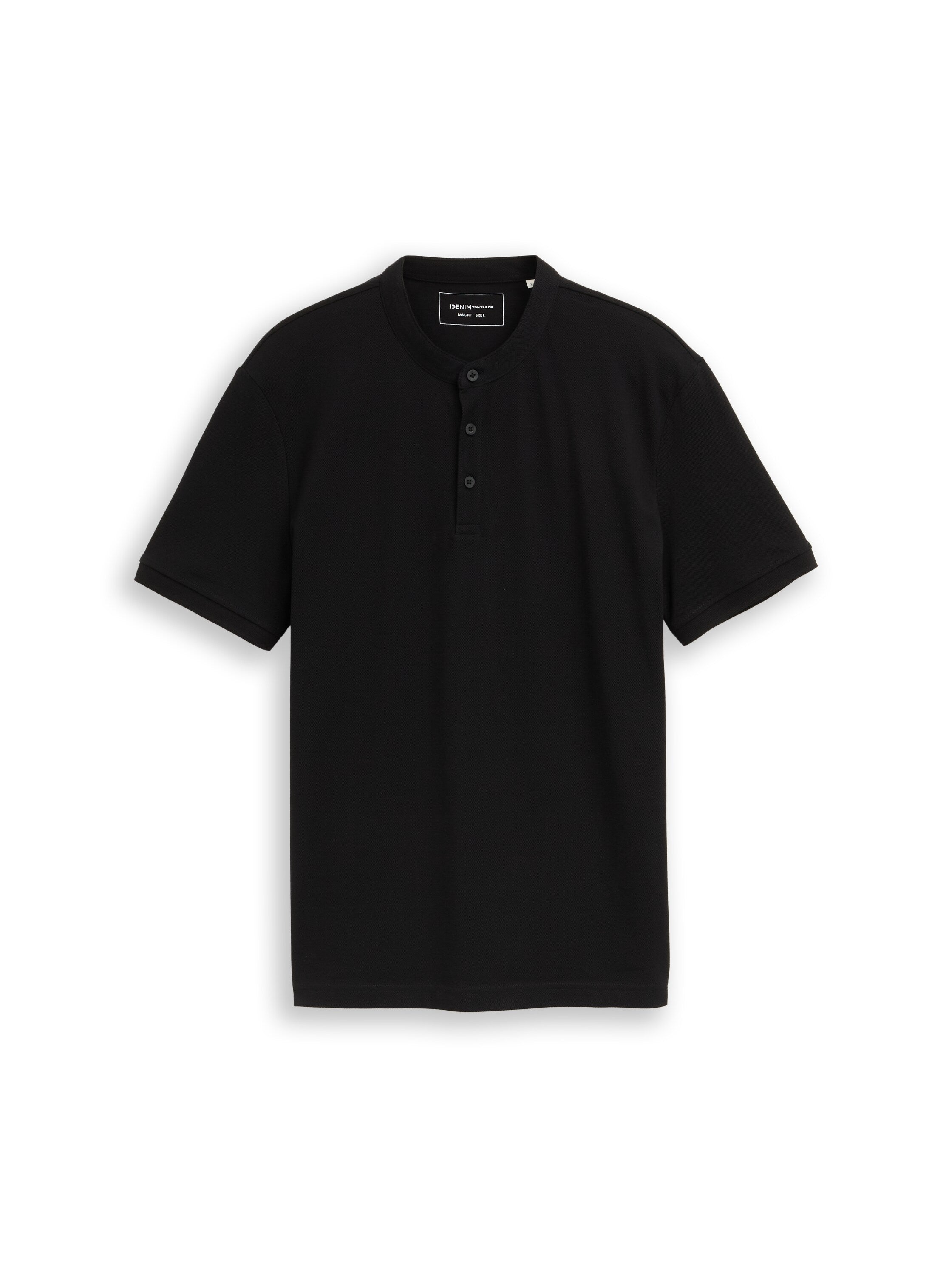 Tom Tailor Black Polo With Stand-Up Collar & Three Buttons Closer