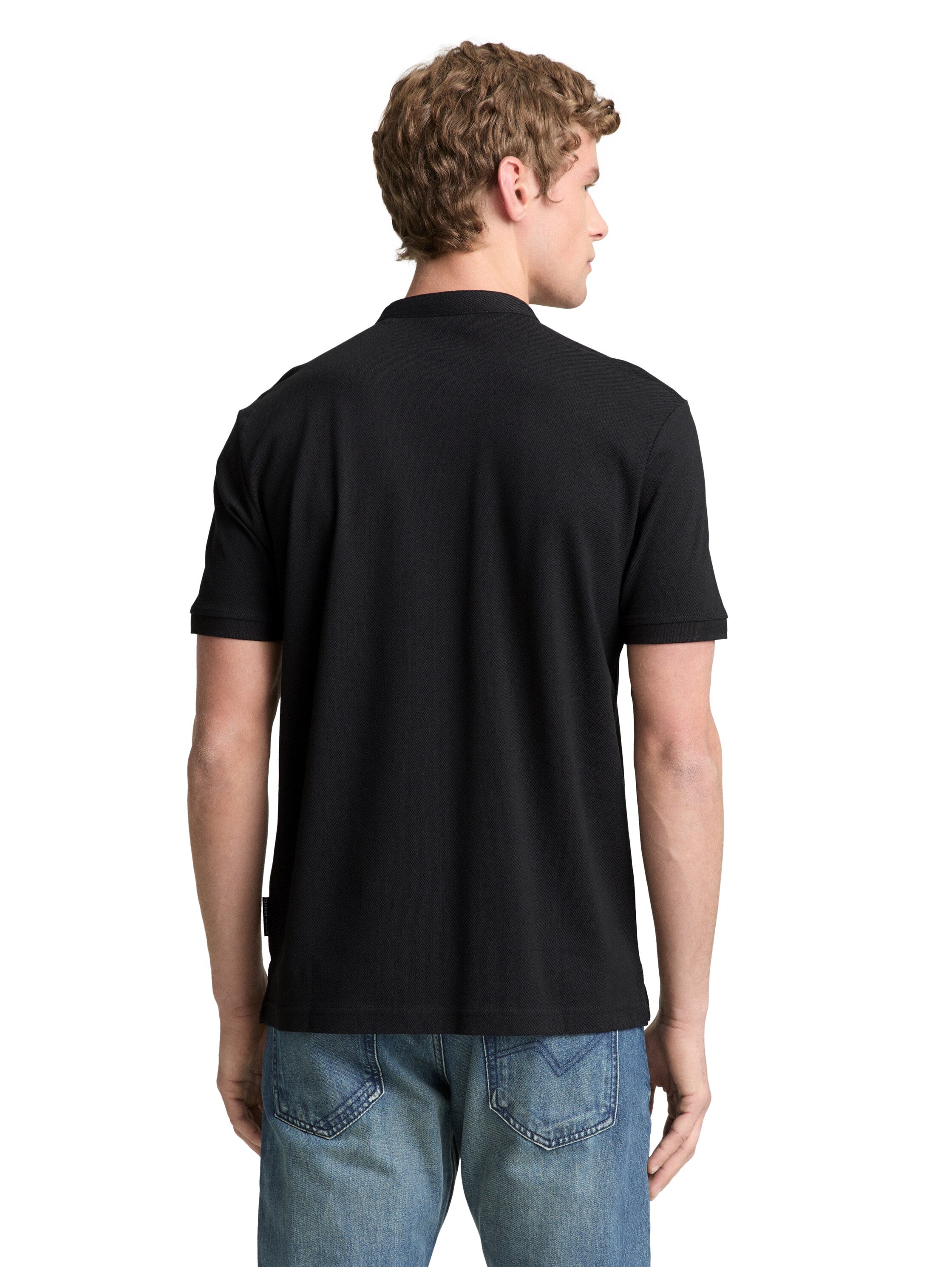 Tom Tailor Black Polo With Stand-Up Collar & Three Buttons Closer