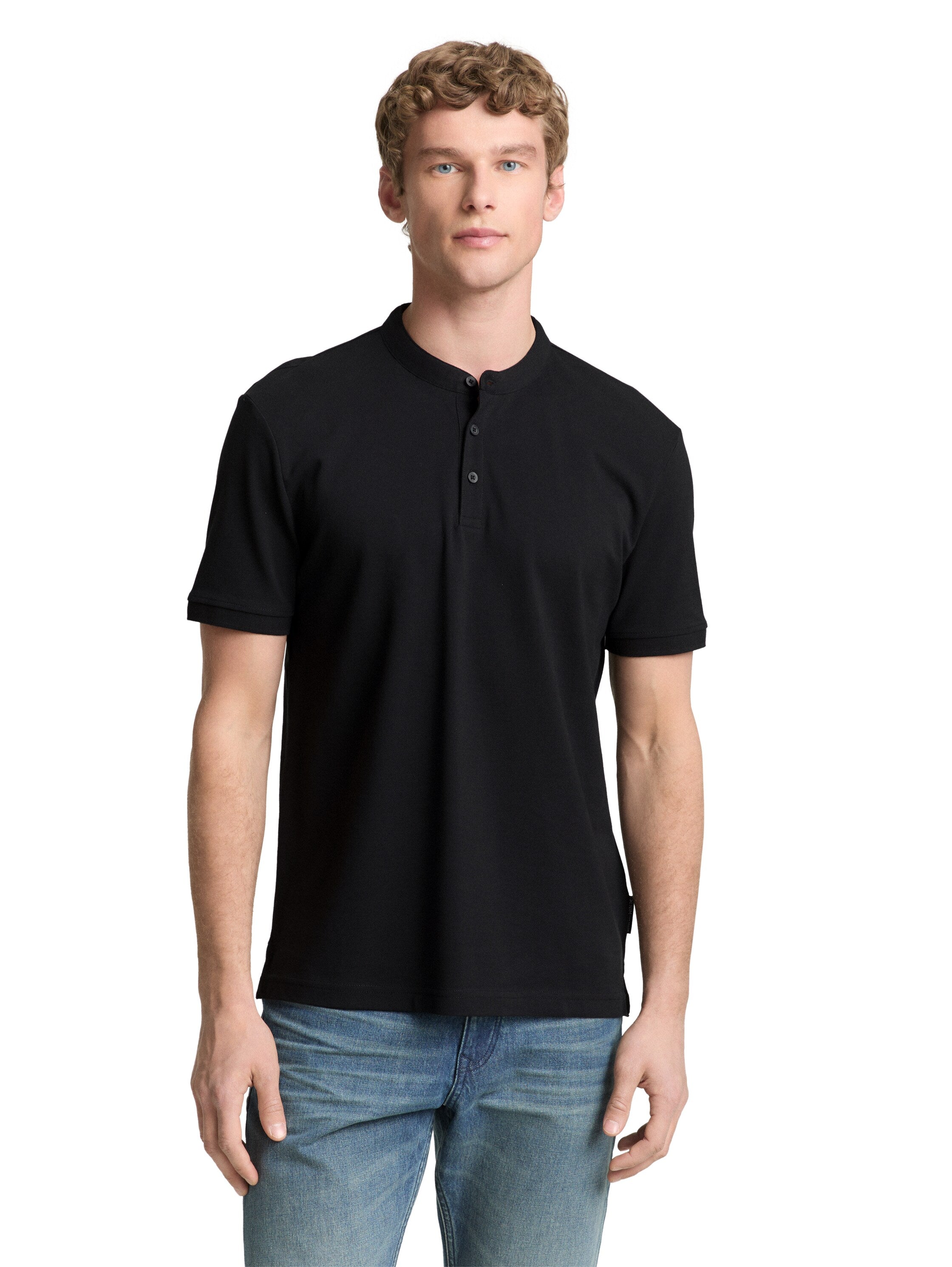 Tom Tailor Black Polo With Stand-Up Collar & Three Buttons Closer