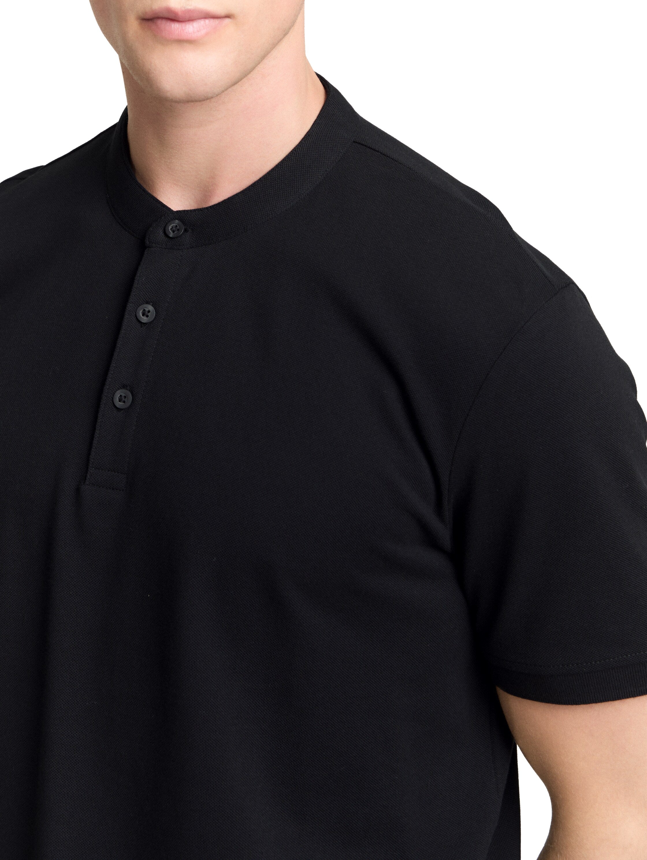 Tom Tailor Black Polo With Stand-Up Collar & Three Buttons Closer