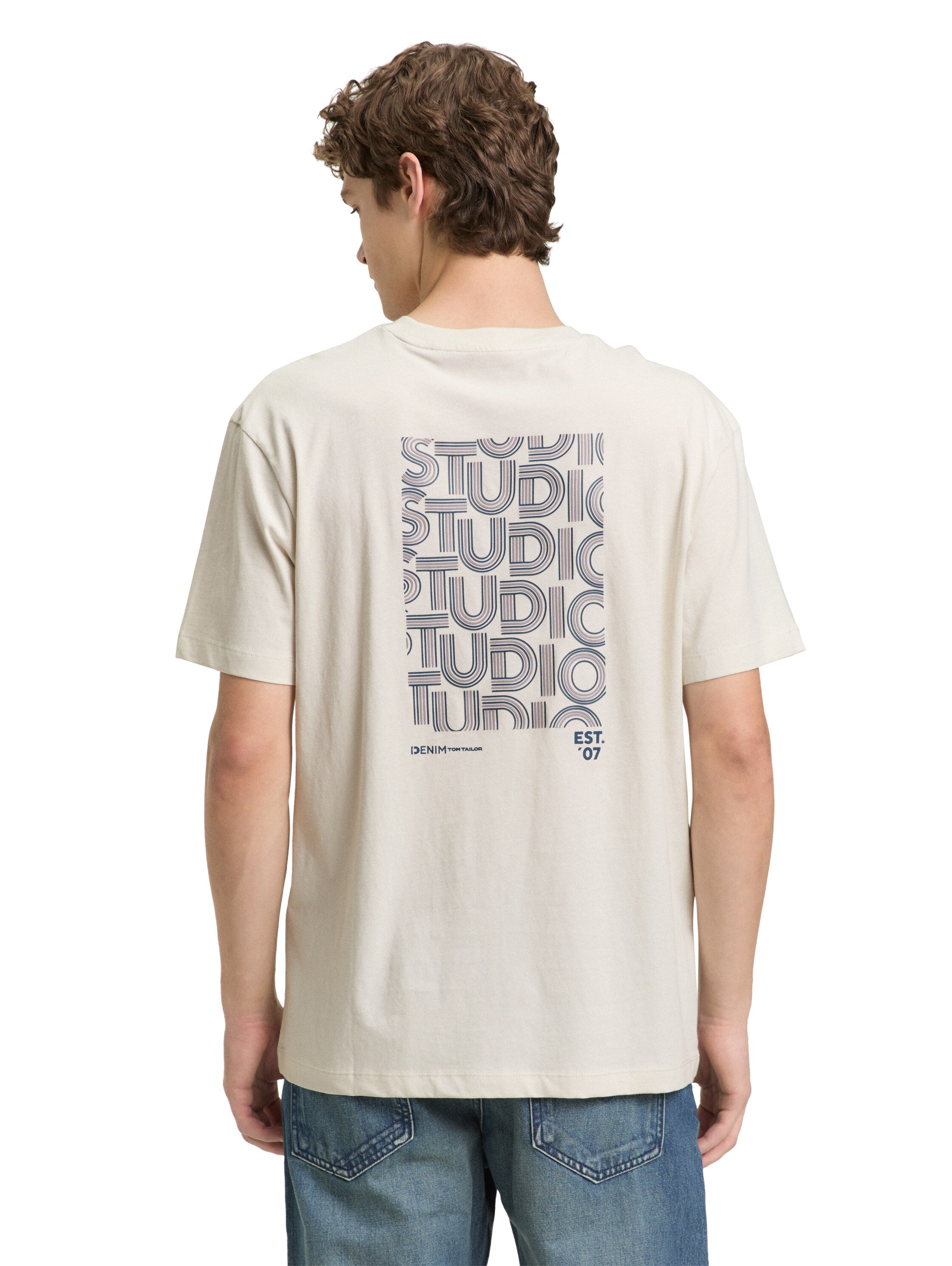 Tom Tailor Greyish White Round Neck T-Shirt With Back Printed Design