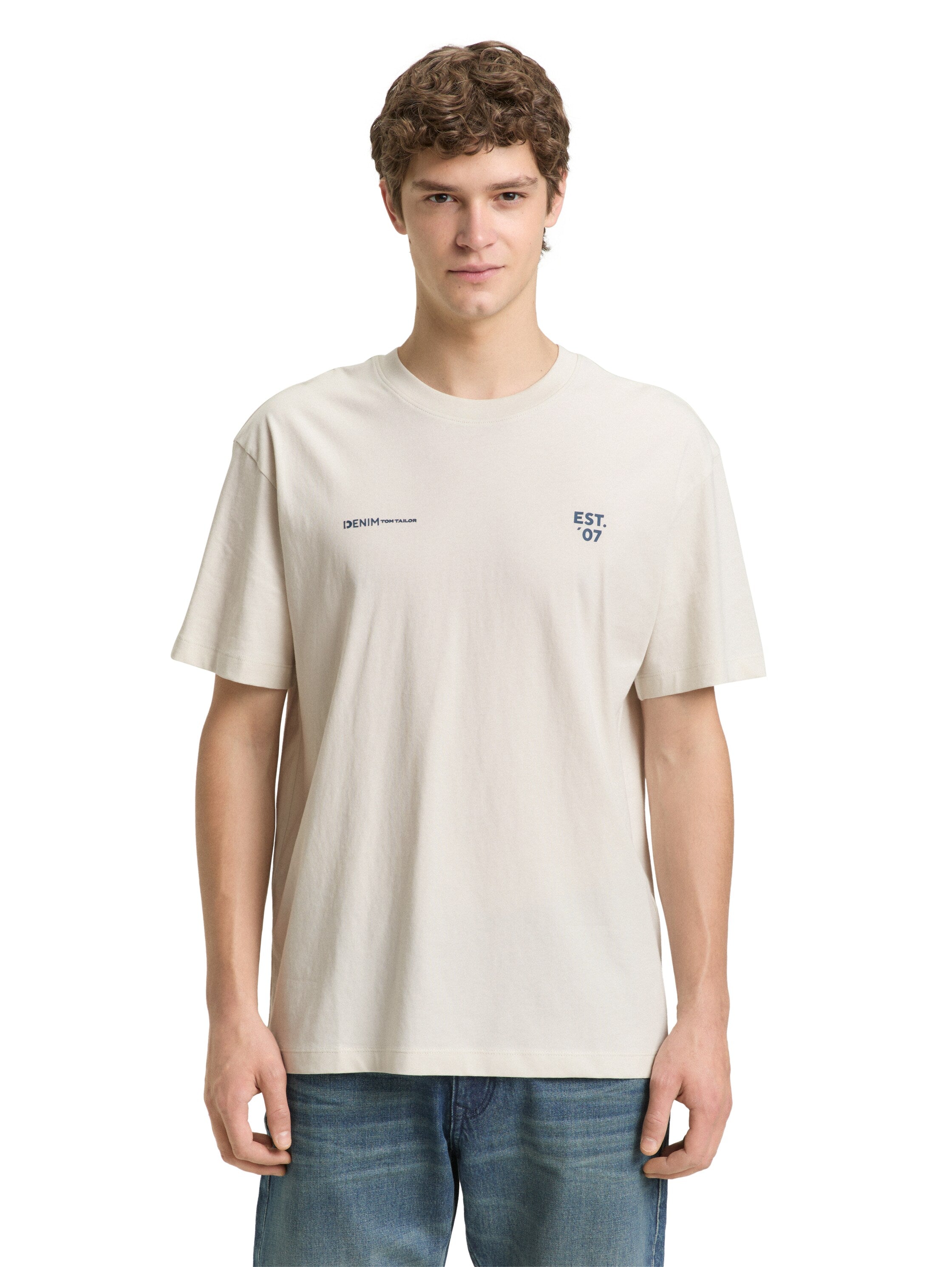 Tom Tailor Greyish White Round Neck T-Shirt With Back Printed Design
