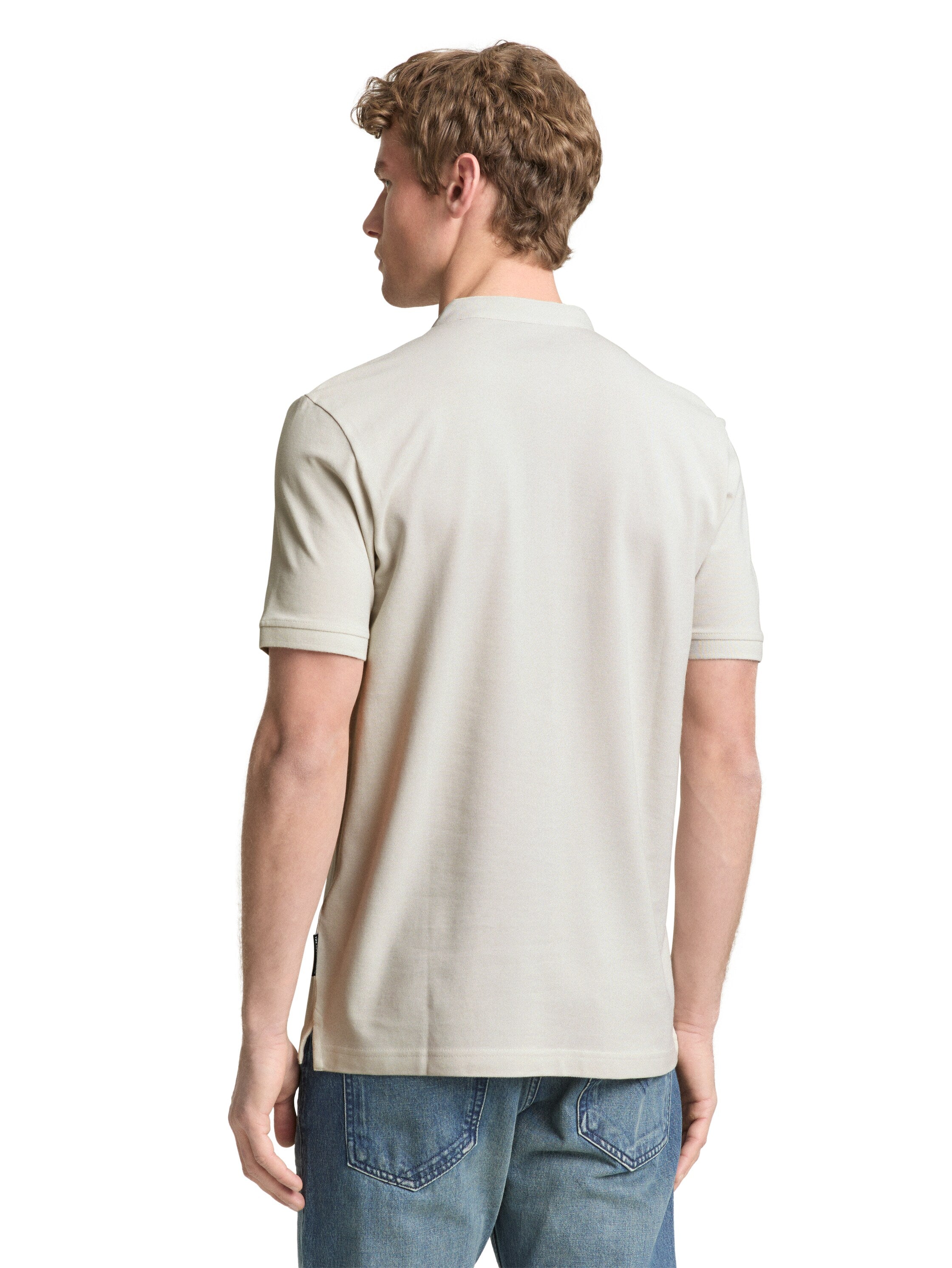 Tom Tailor Greyish White Polo With Stand-Up Collar & Three Buttons Closer