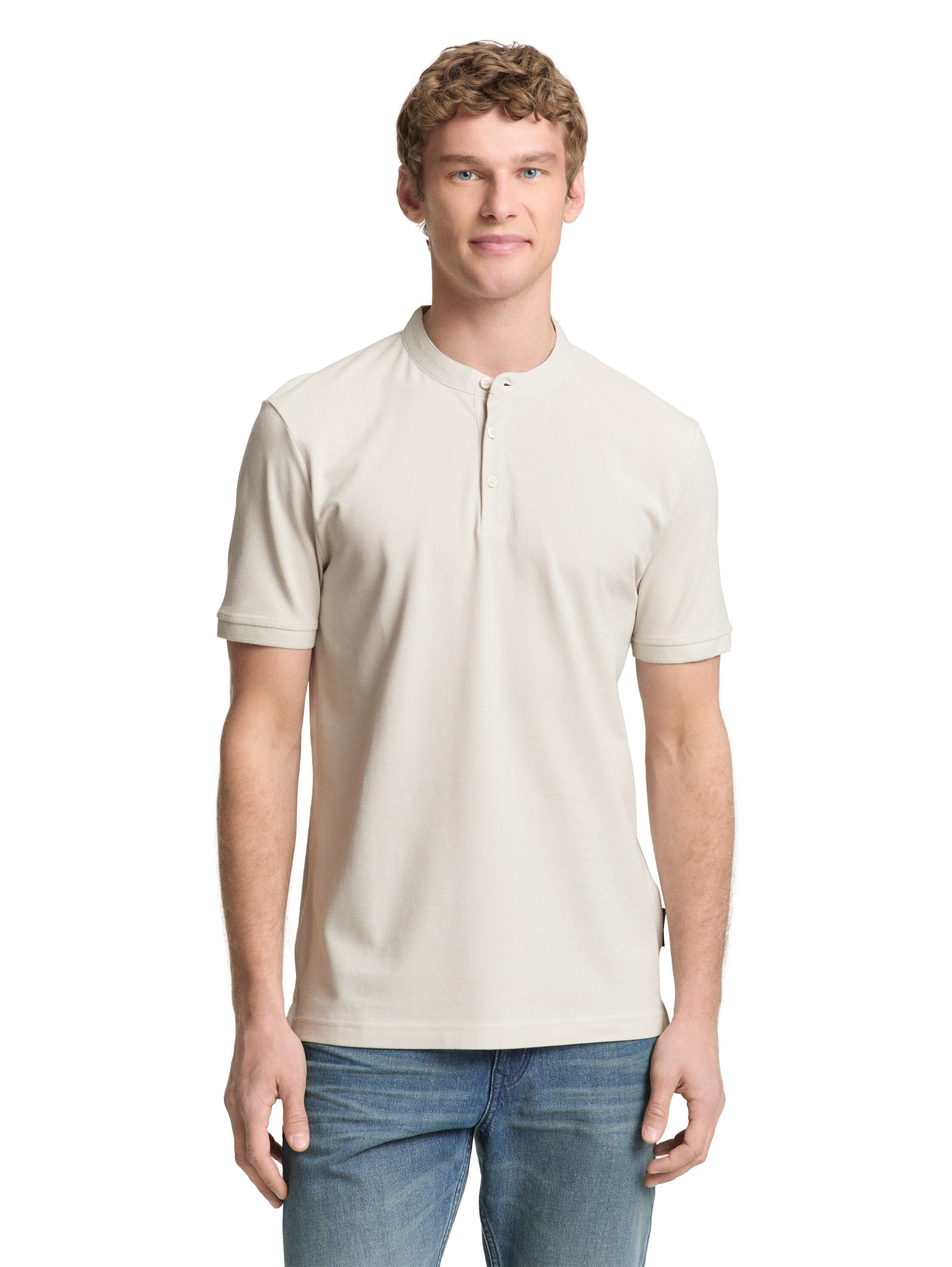 Tom Tailor Greyish White Polo With Stand-Up Collar & Three Buttons Closer