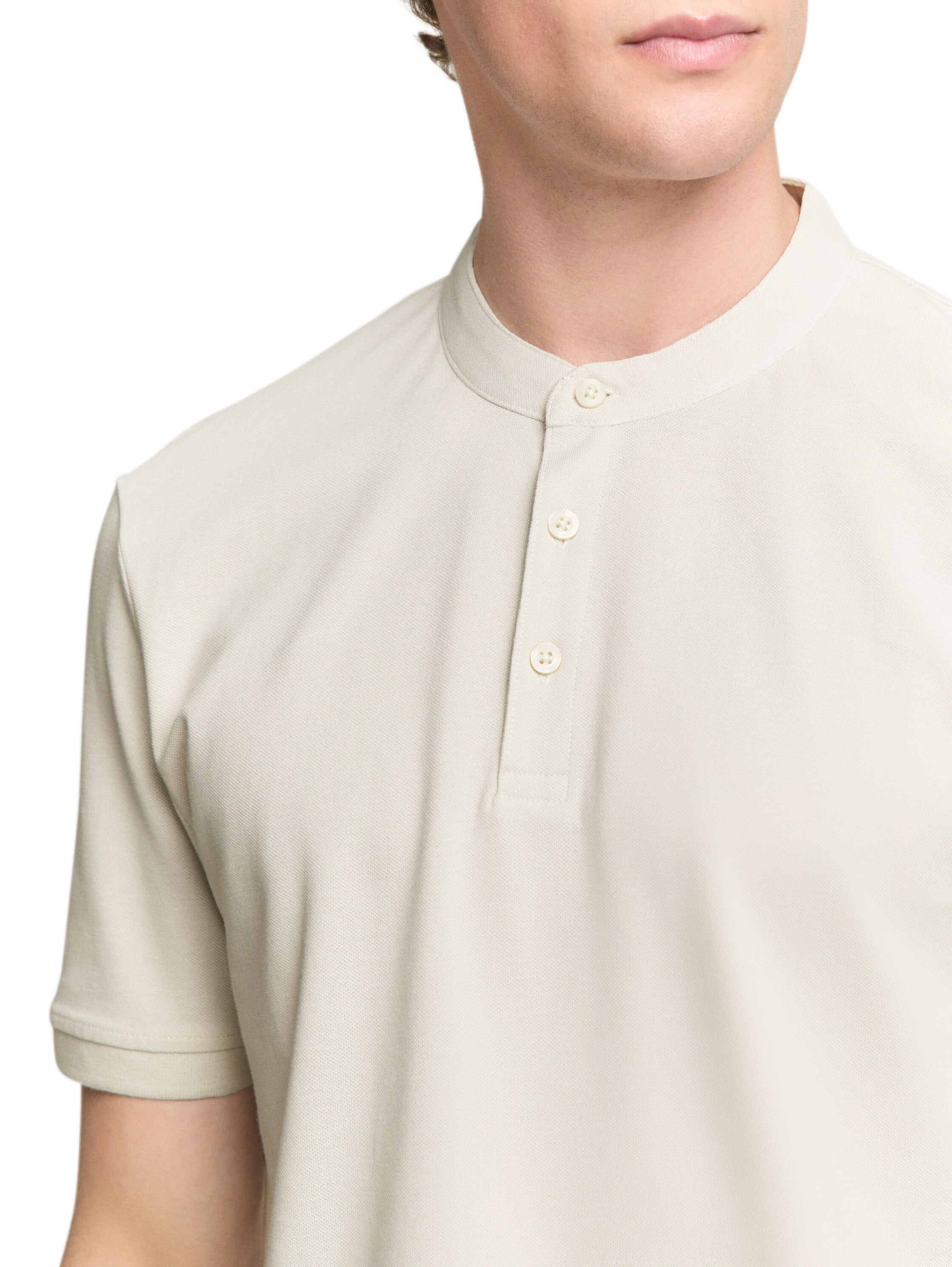 Tom Tailor Greyish White Polo With Stand-Up Collar & Three Buttons Closer