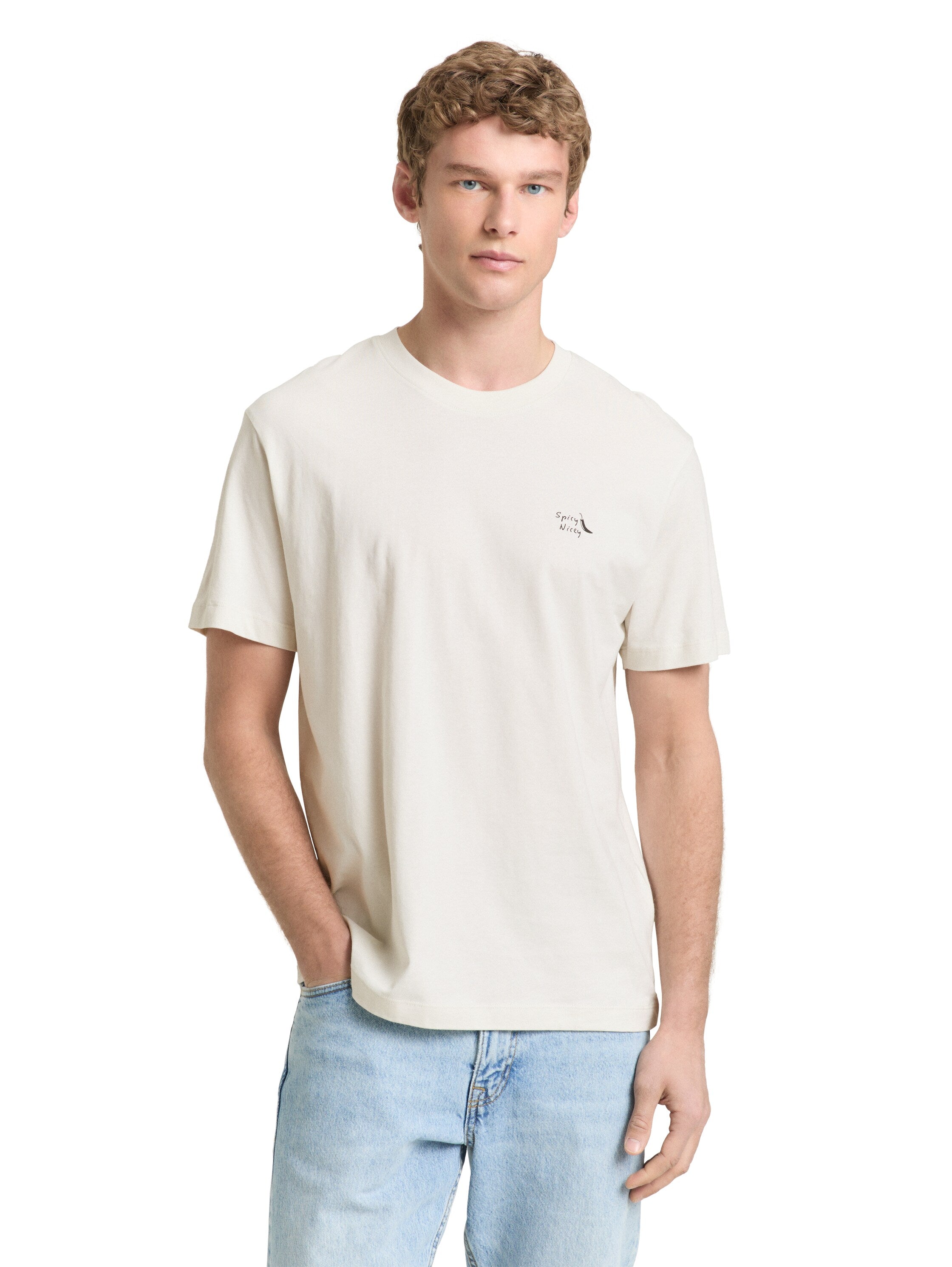 Tom Tailor Greyish White Relaxed Fit Cotton T-shirt