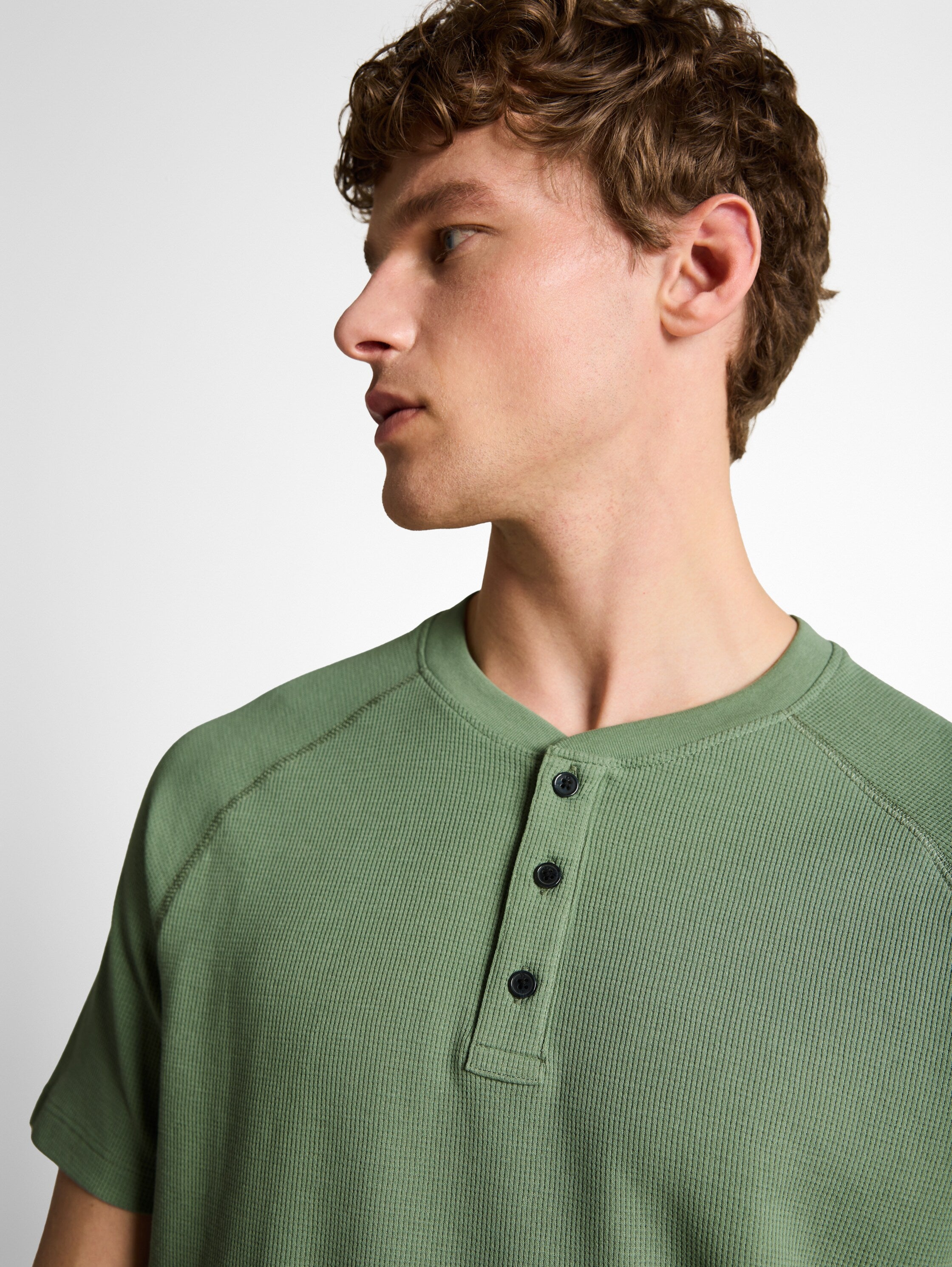 Tom Tailor Green Olive Henley T-Shirt With Waffle Texture