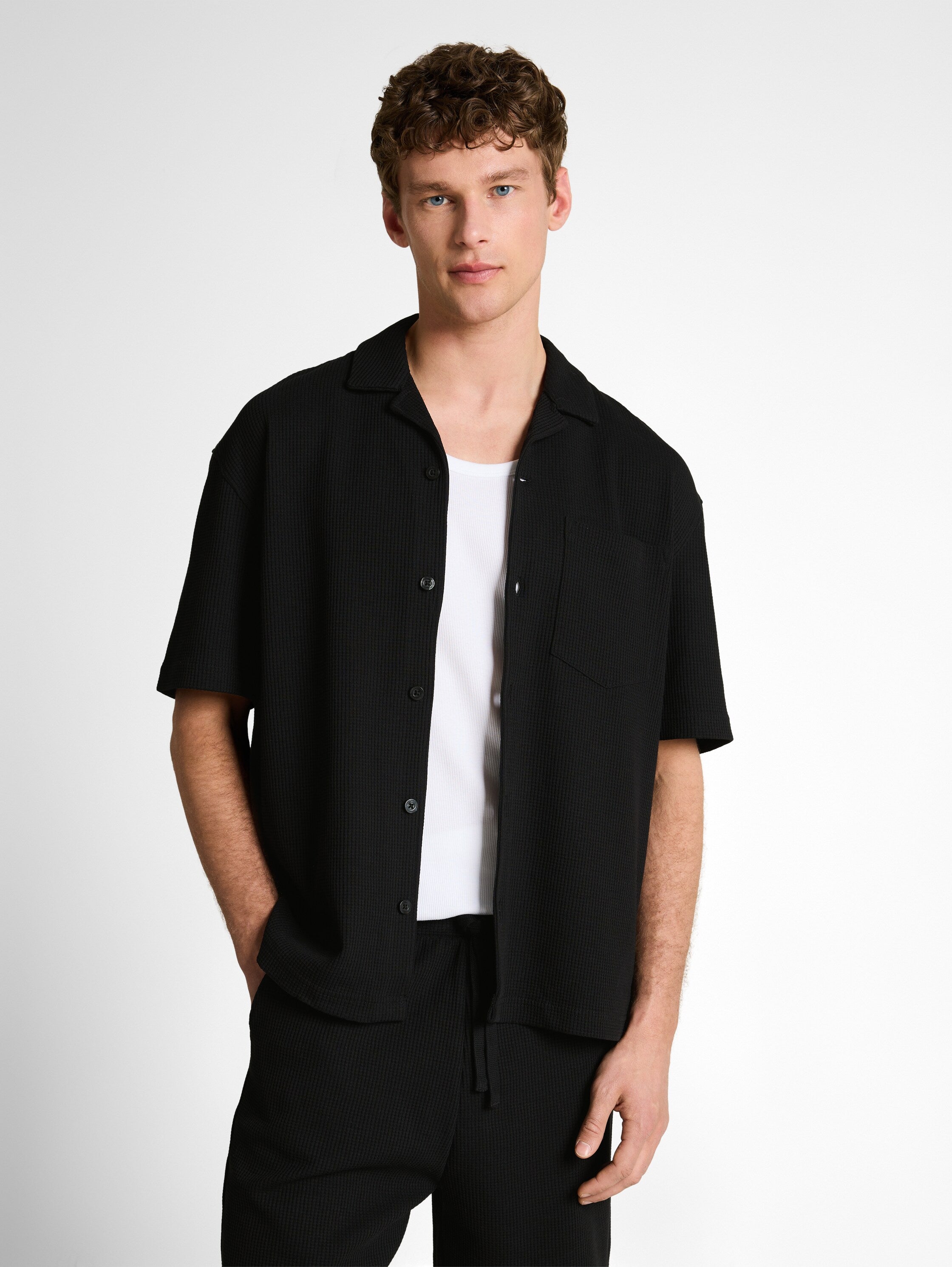 Tom Tailor Relaxed Fit Deep Black Resort Shirt With Waffle Texture