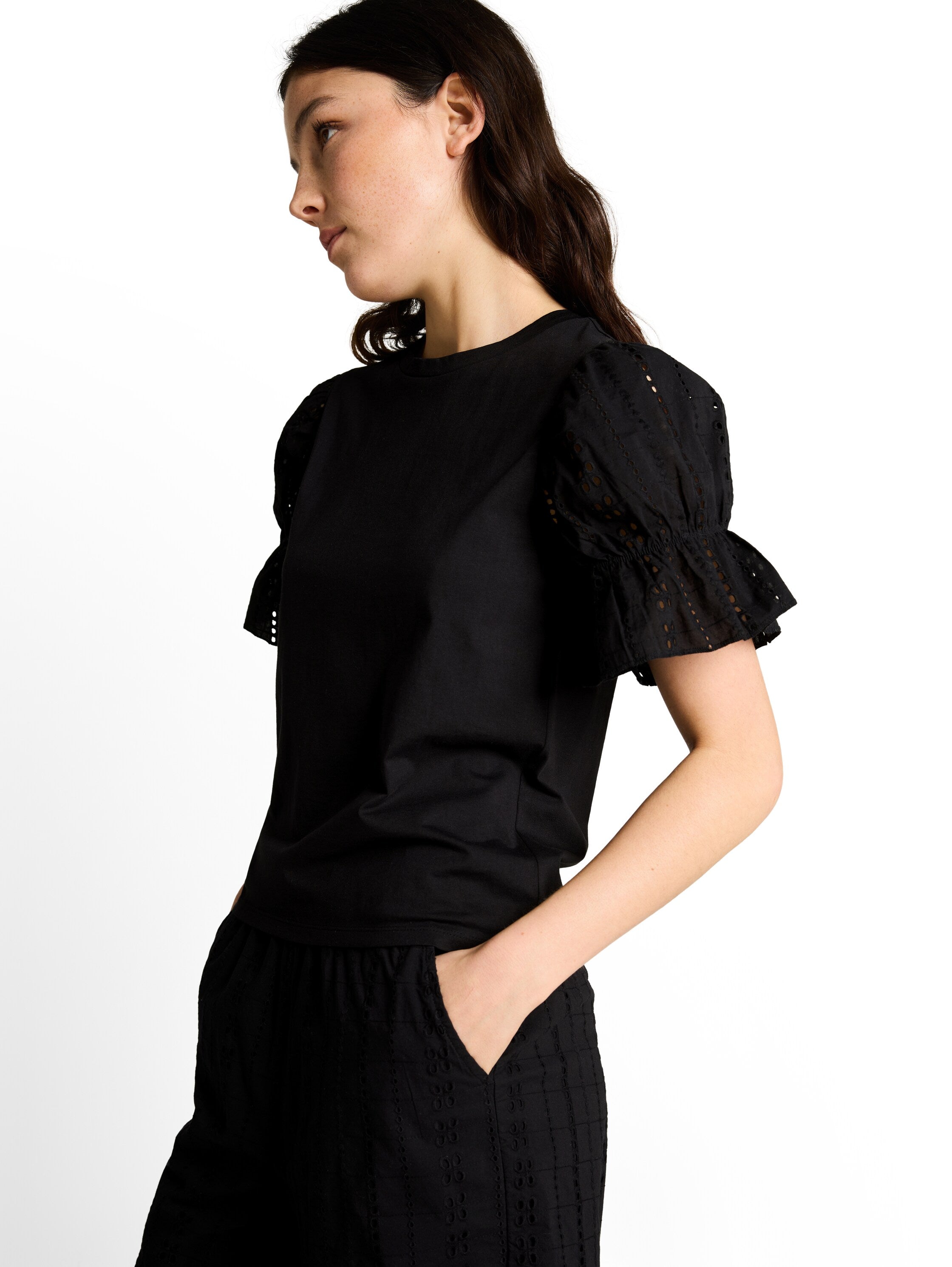 Tom Tailor Black Loose Fit T-Shirt With Eyelet Embroidery