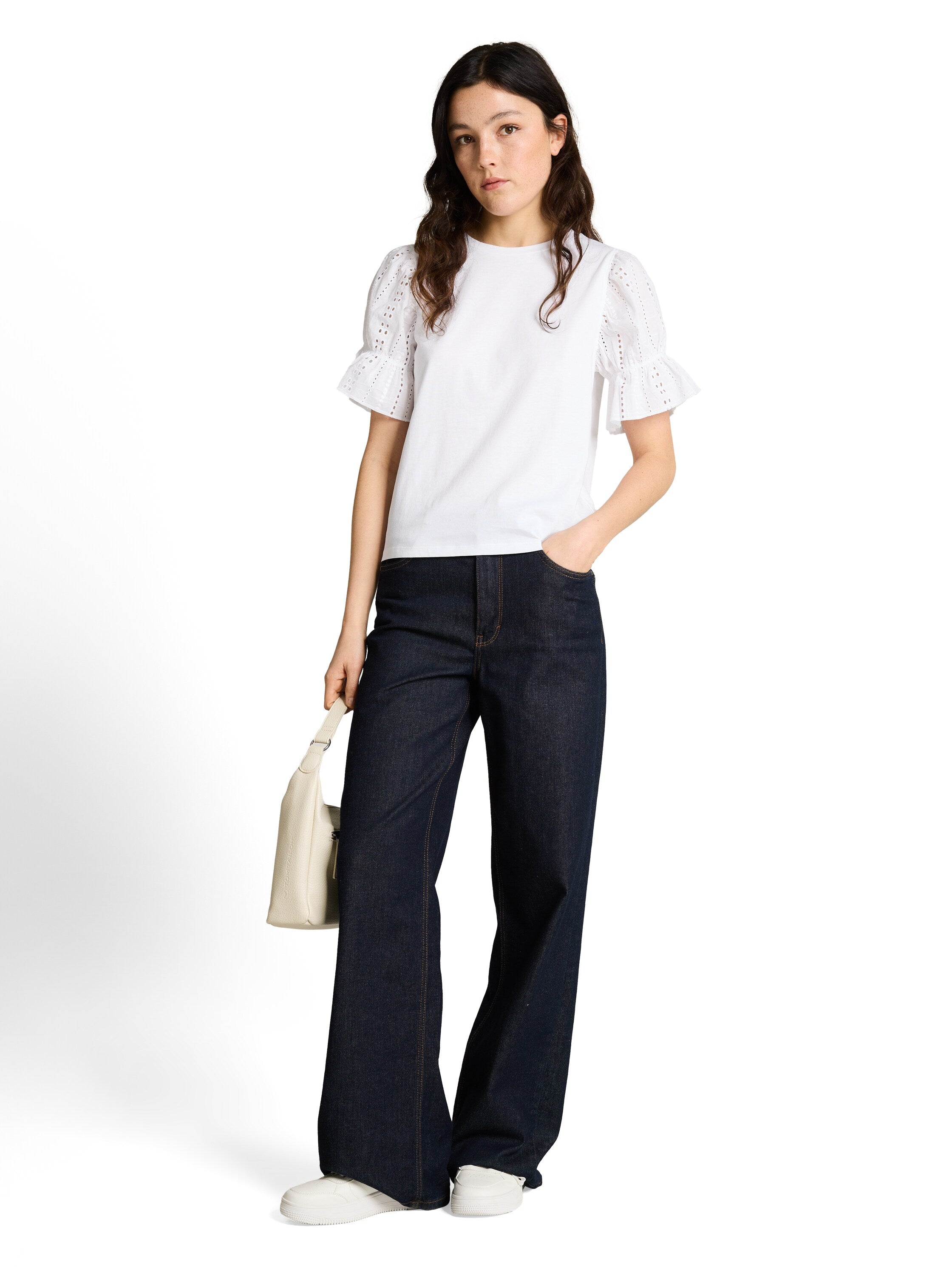 Tom Tailor White Loose Fit T-Shirt With Eyelet Embroidery