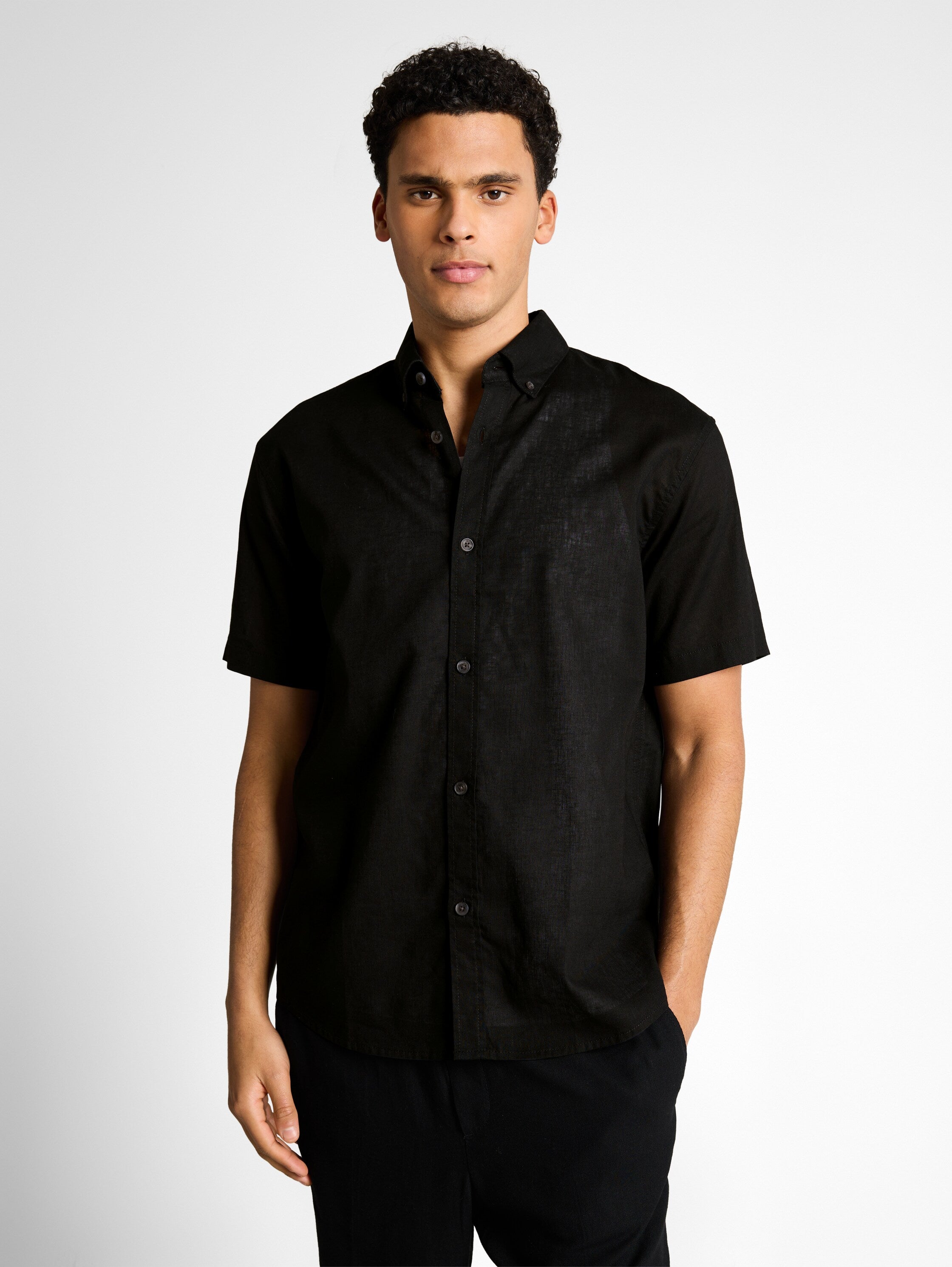 Tom Tailor Black Shirt With Linen Blend