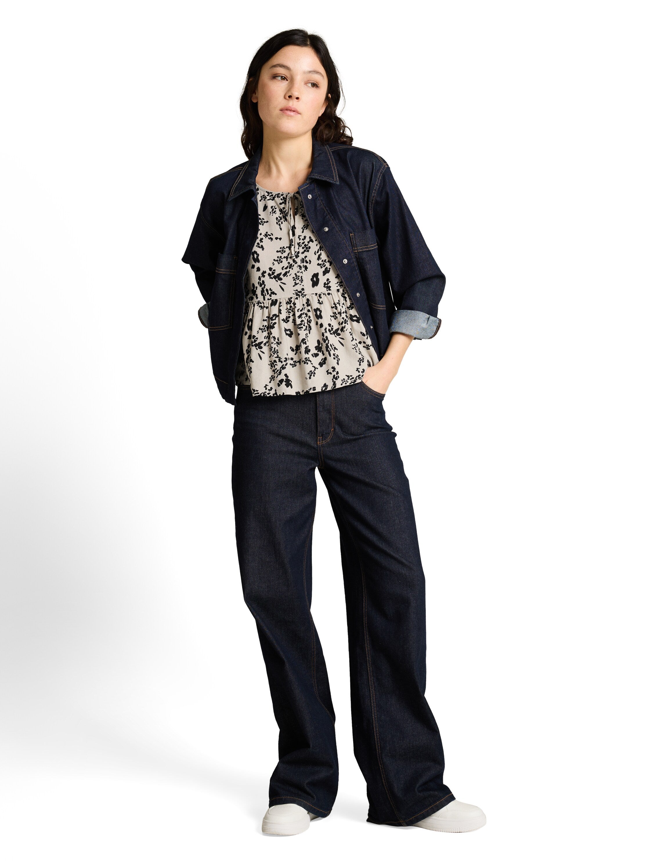 Tom Tailor Beige Black Flower Print Blouse Top