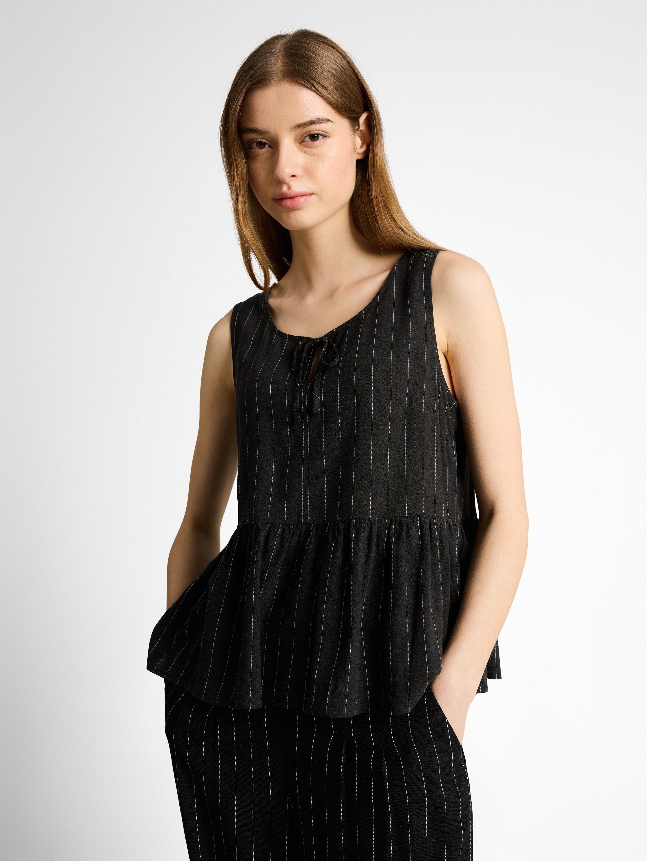 Tom Tailor Black Beige Vertical Striped Blouse Top